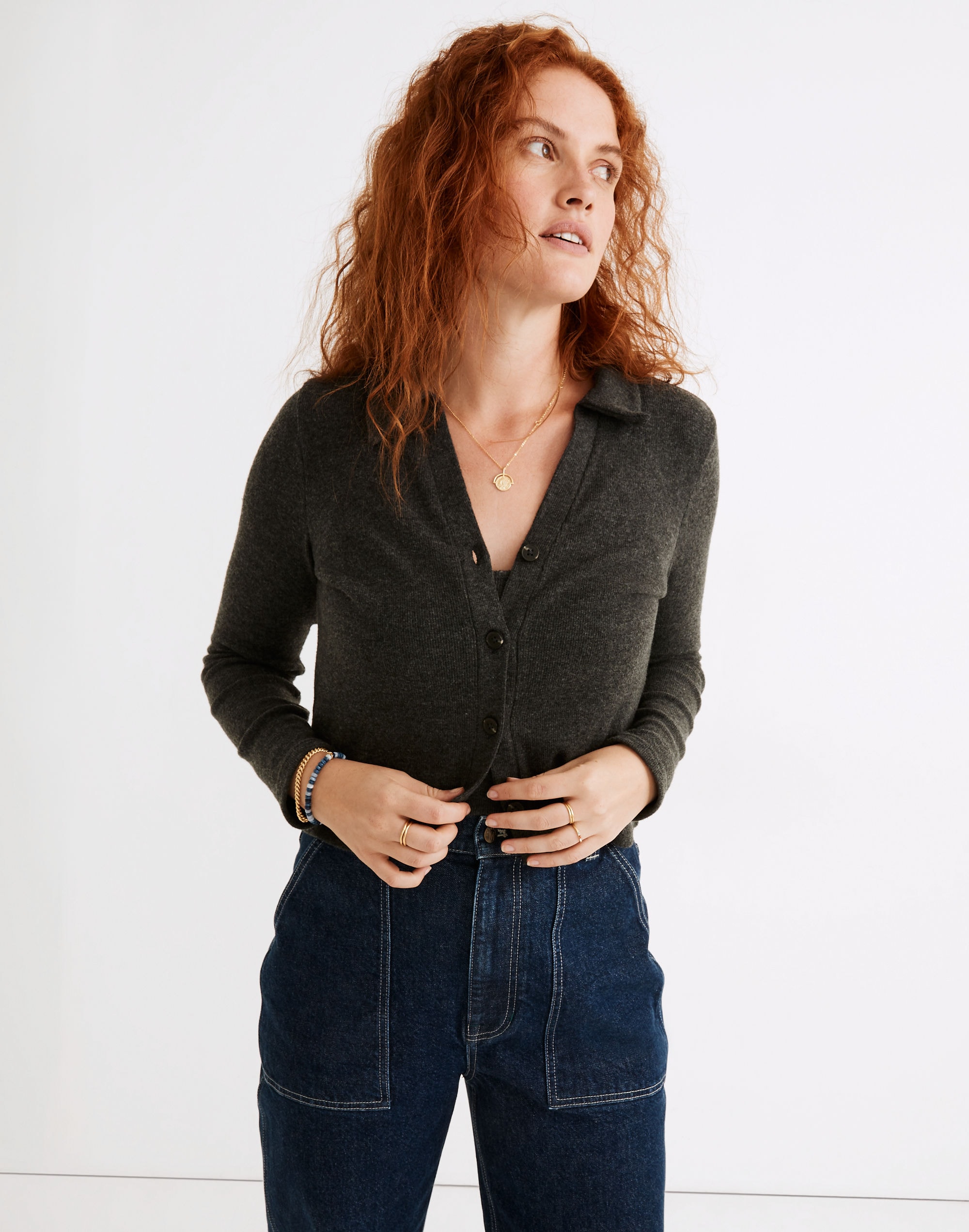 Brushed Rib Polo Crop Cardigan