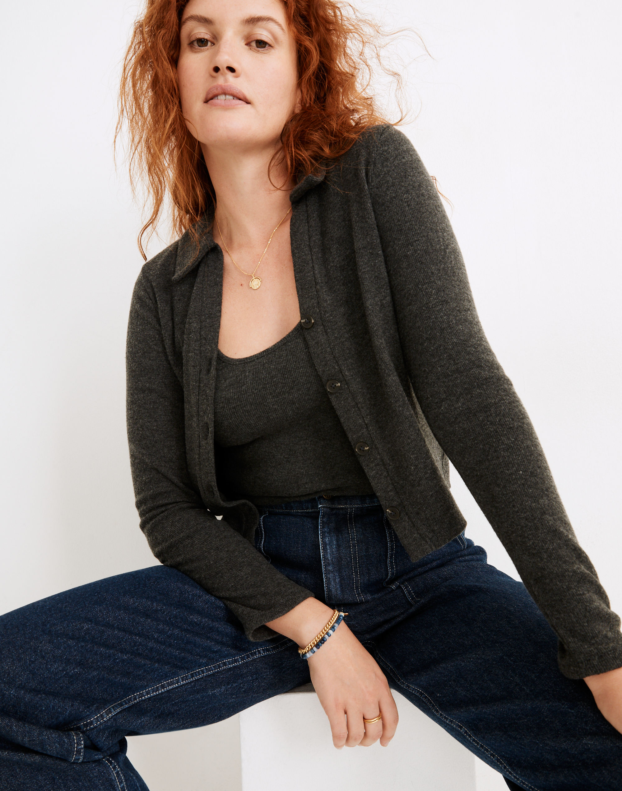 brushed rib polo crop cardigan