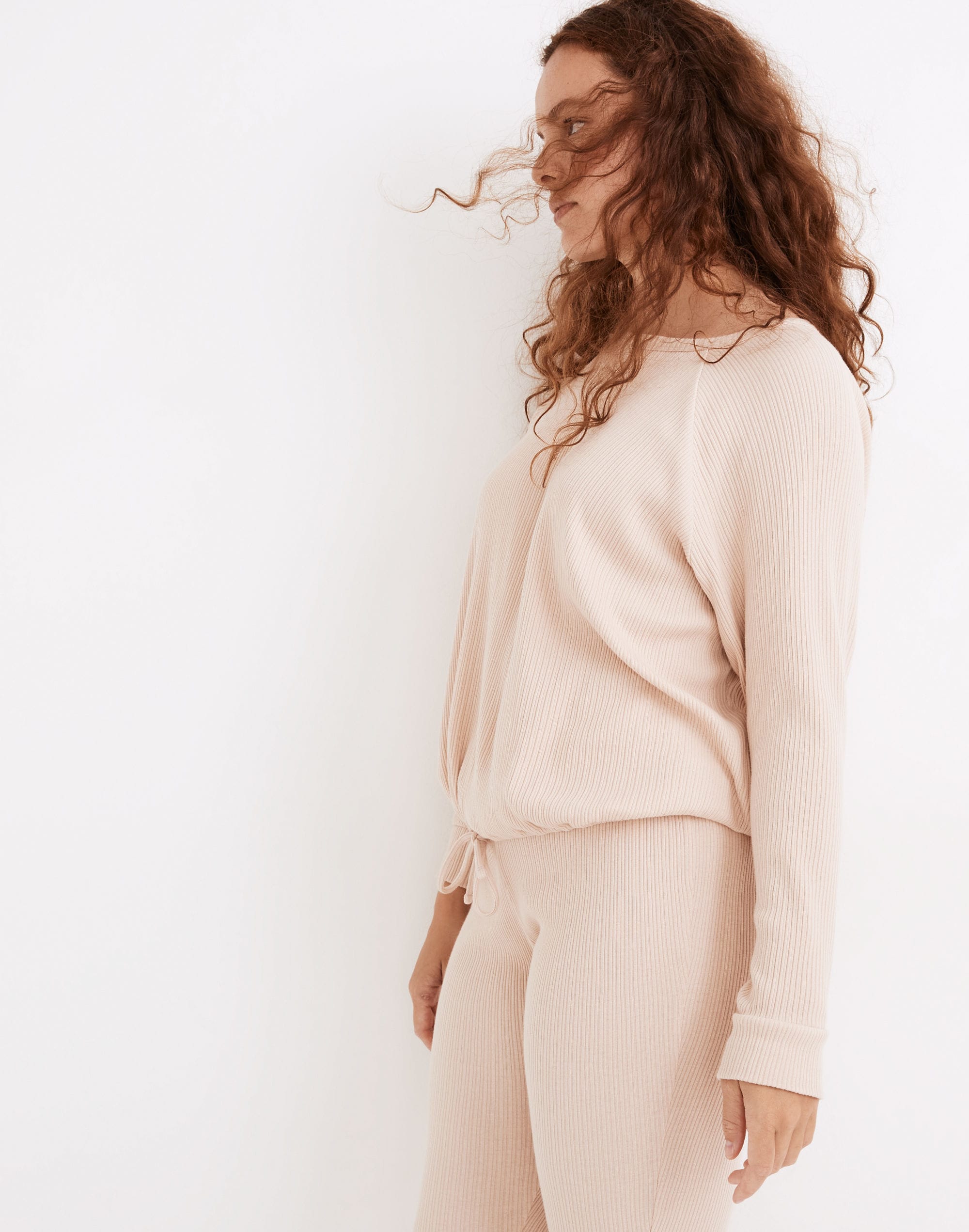 Ribbed Knit Drawstring Pajama Top