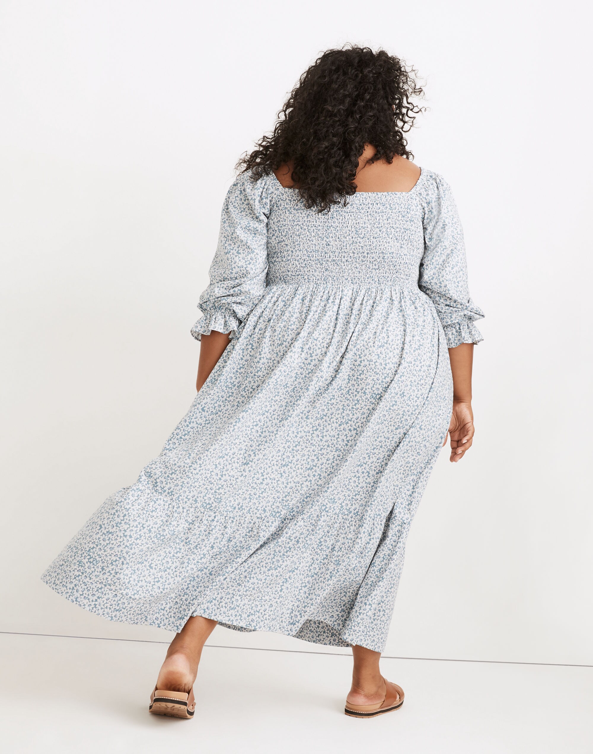 Plus Lucie Elbow-Sleeve Smocked Midi Dress in Sunflower Field