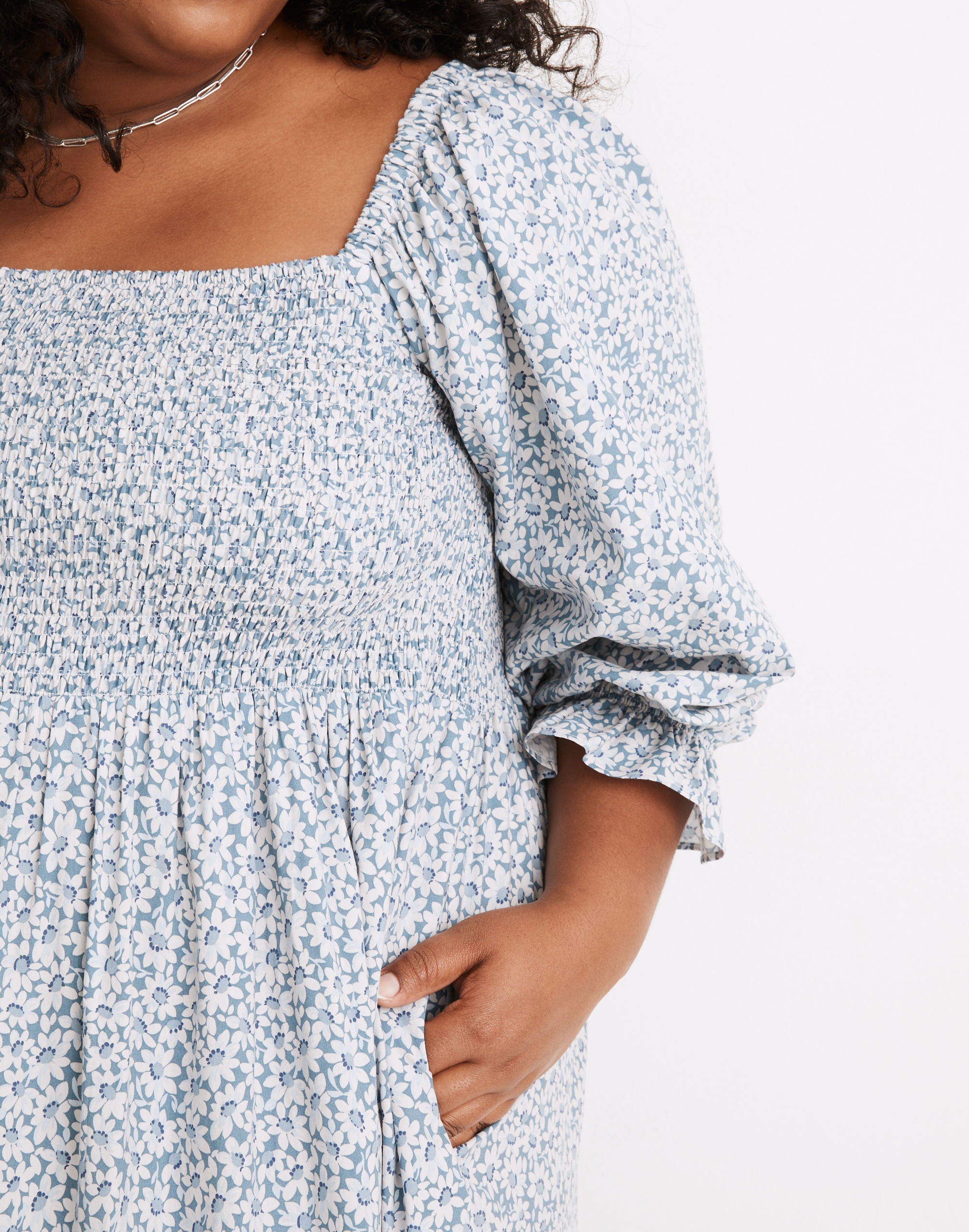 Plus Lucie Elbow-Sleeve Smocked Midi Dress in Sunflower Field