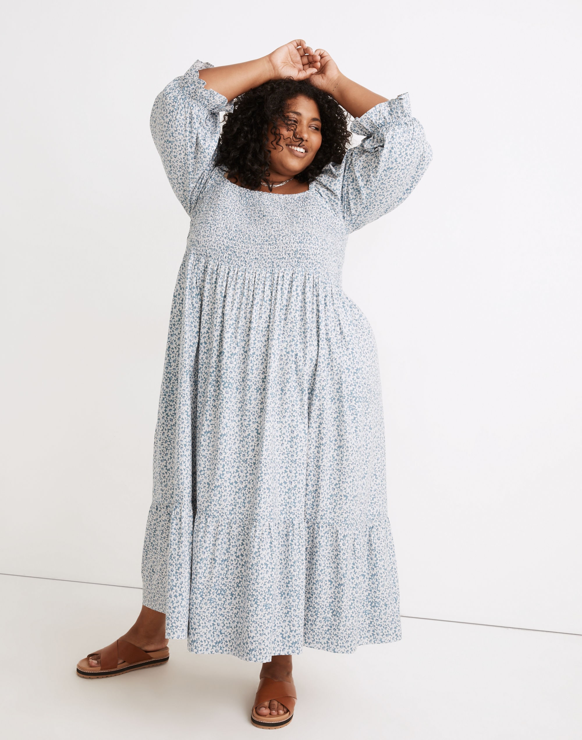 Plus Lucie Elbow-Sleeve Smocked Midi Dress in Sunflower Field