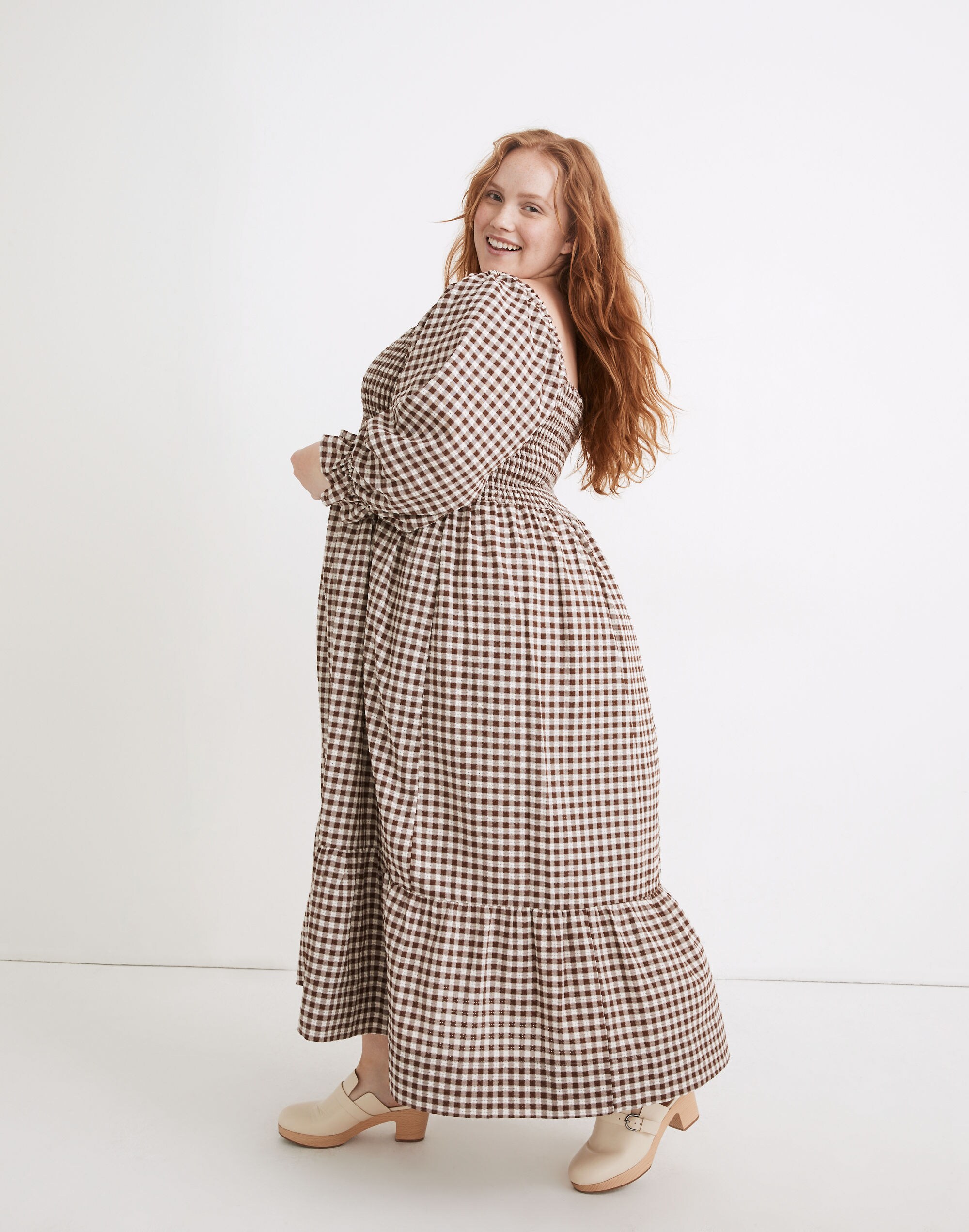 Plus Lucie Elbow-Sleeve Smocked Midi Dress in Gingham