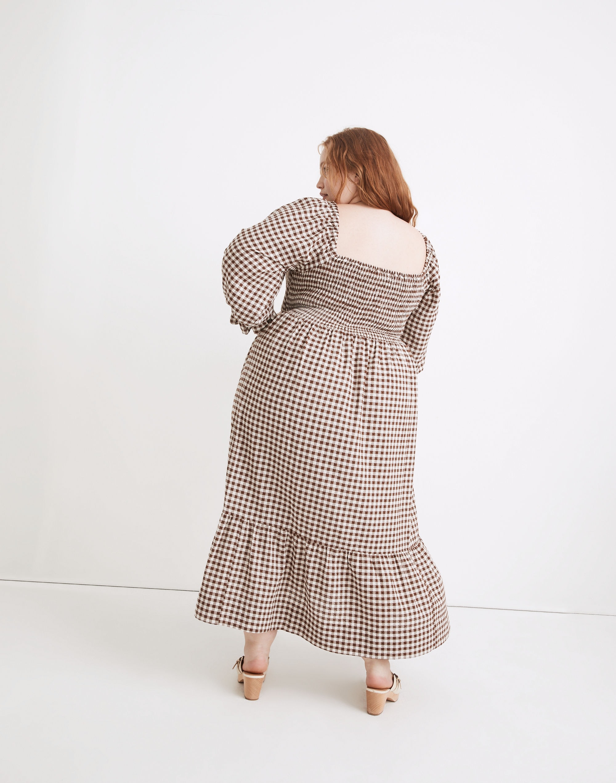 Plus Lucie Elbow-Sleeve Smocked Midi Dress in Gingham