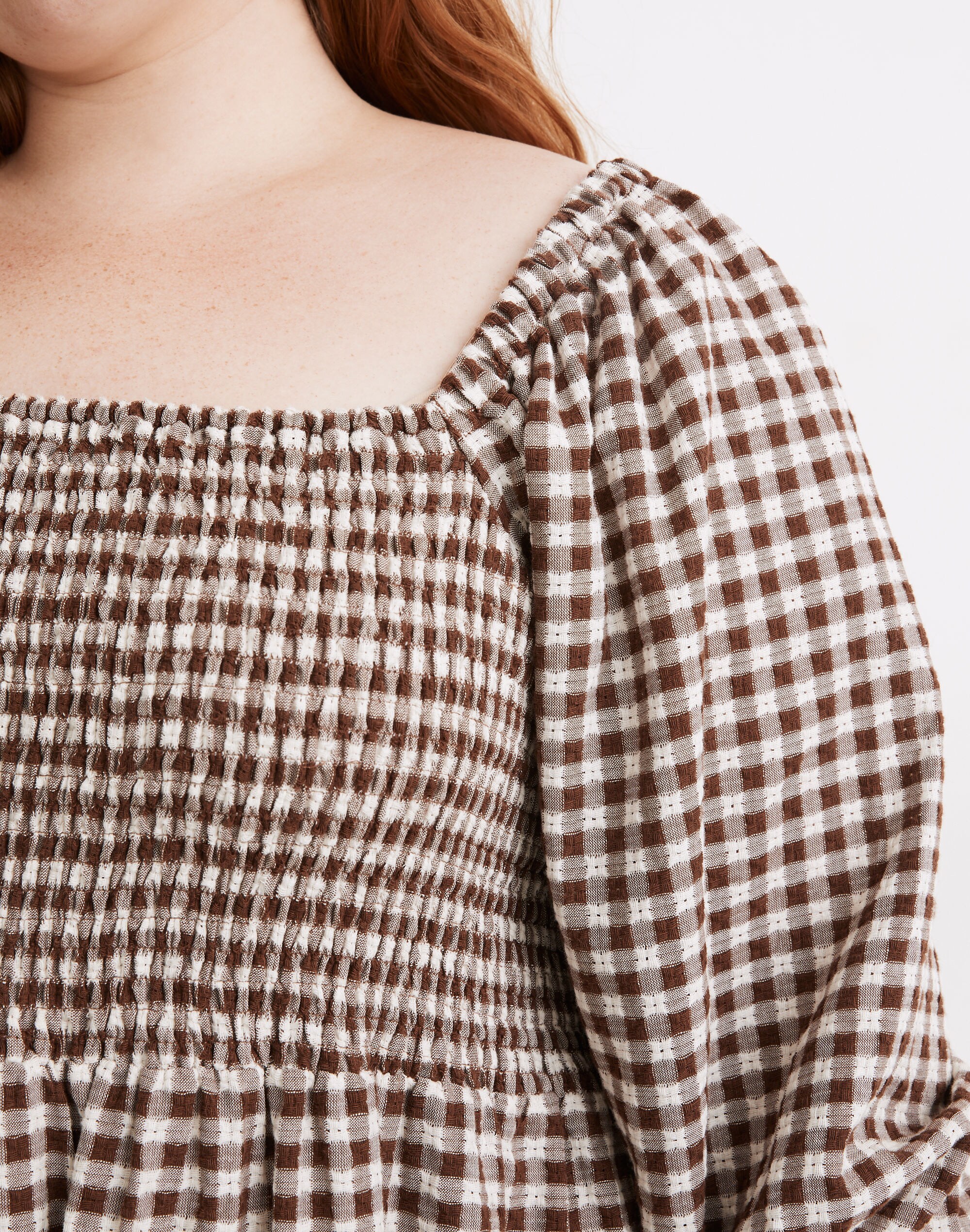 Plus Lucie Elbow-Sleeve Smocked Midi Dress in Gingham