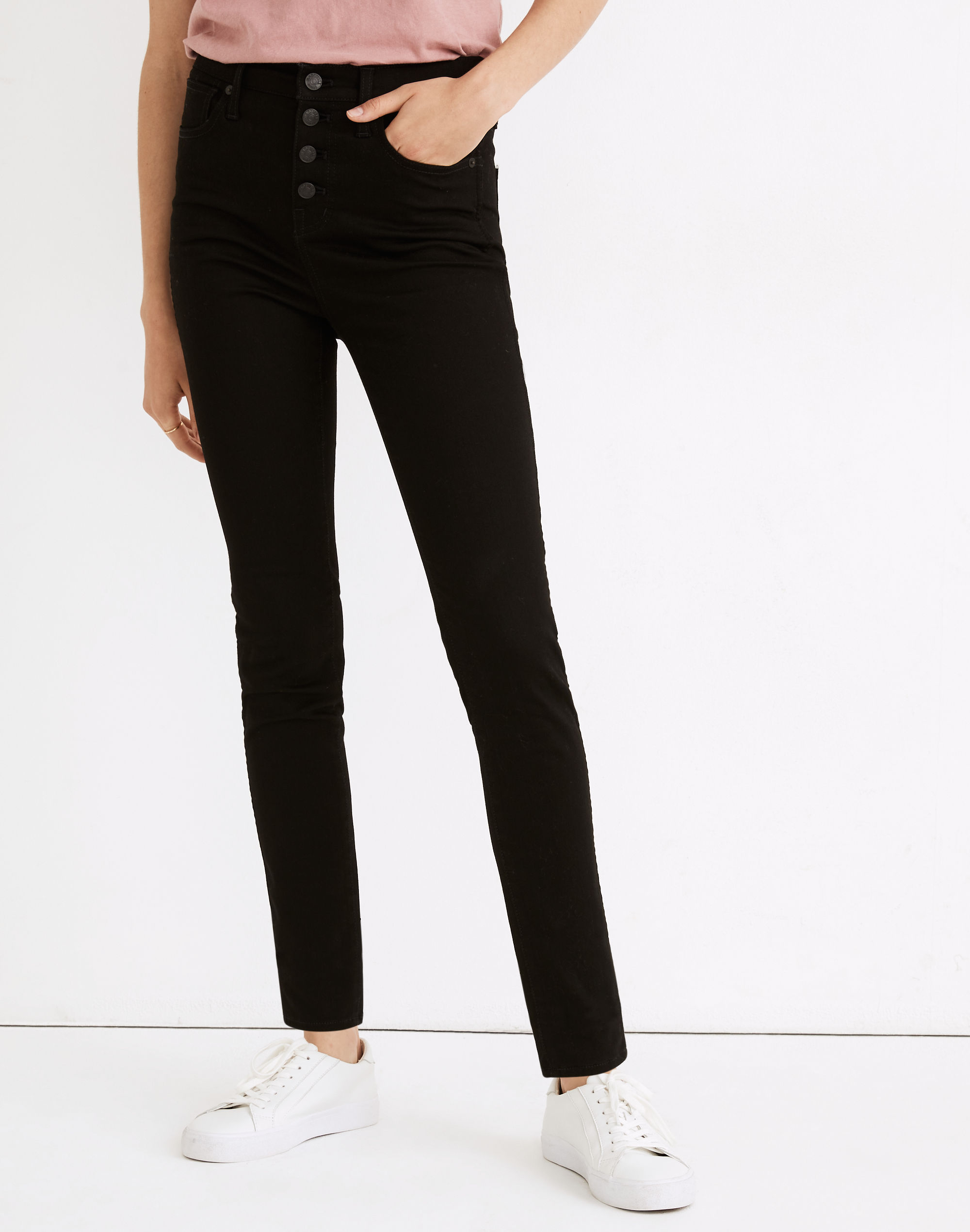10" High-Rise Skinny Jeans in Black Frost: Button-Front Edition
