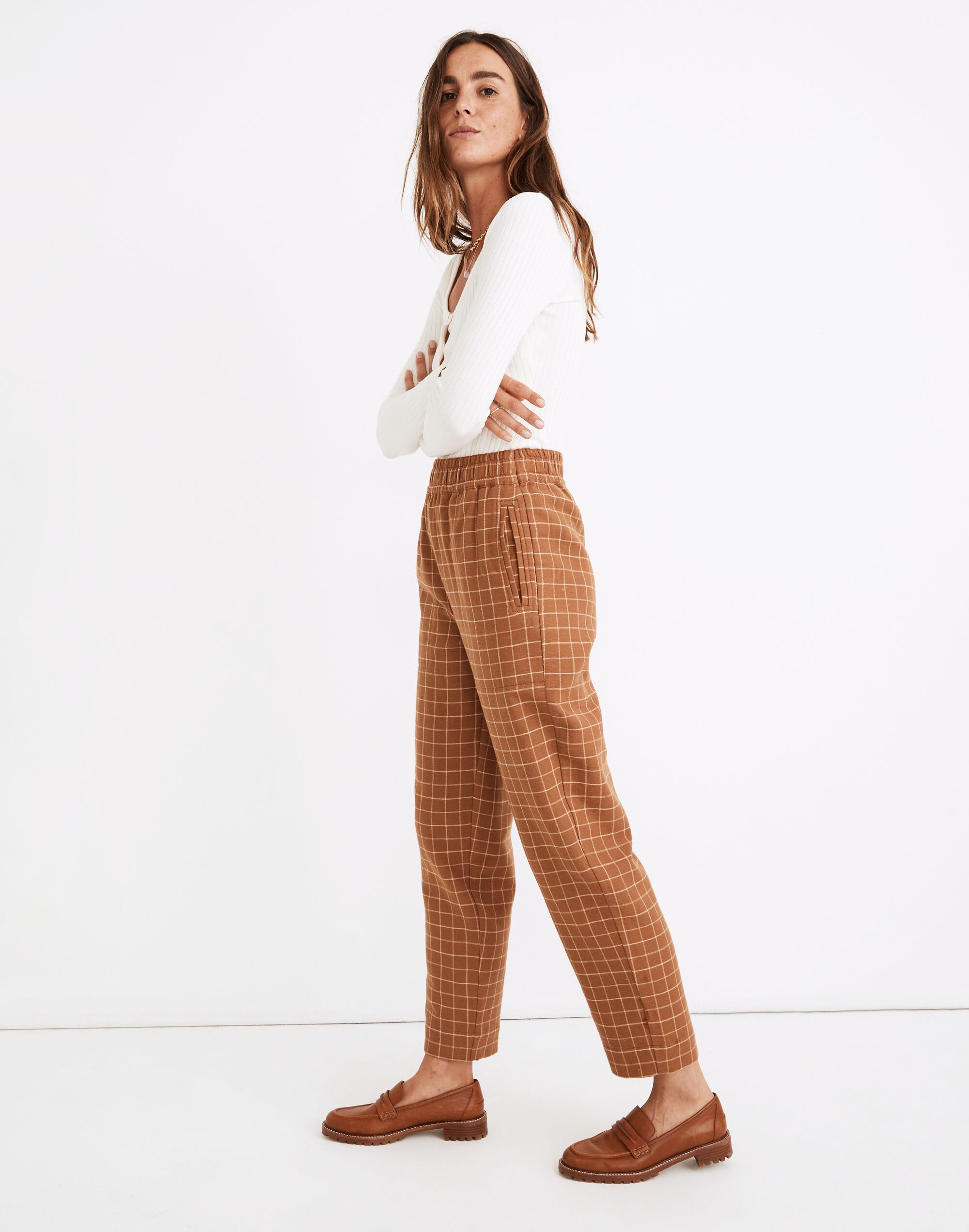 Petite Waffleback Pull-On High-Rise Tapered Pants in Windowpane