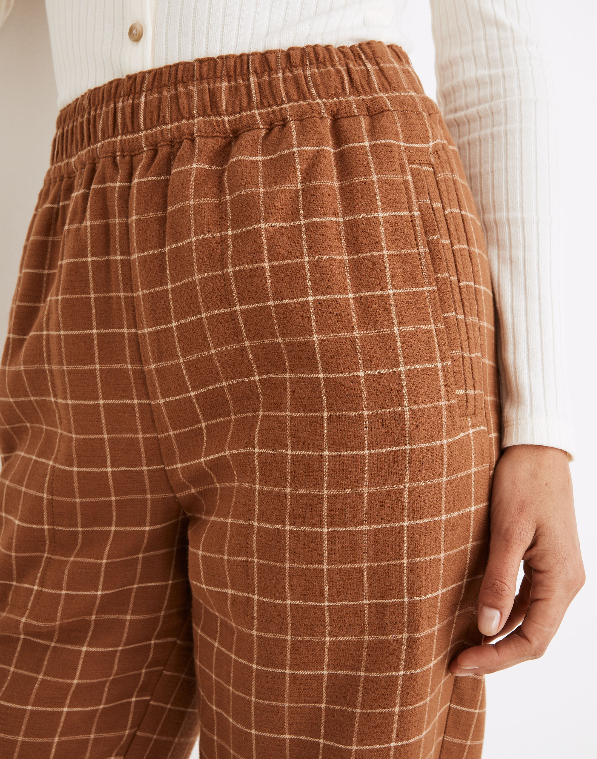 Waffleback Pull-On High-Rise Tapered Pants in Windowpane