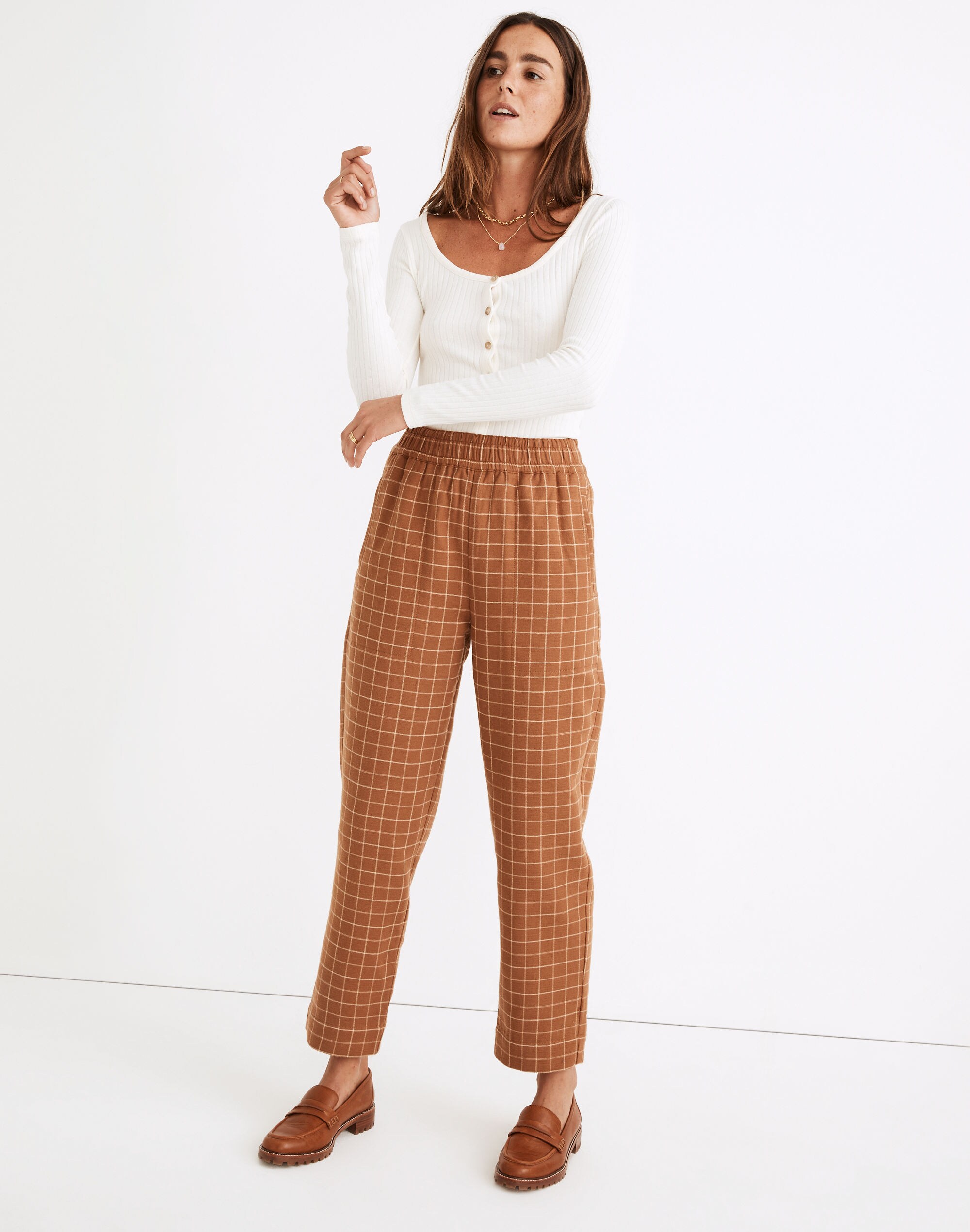 Waffleback Pull-On High-Rise Tapered Pants in Windowpane