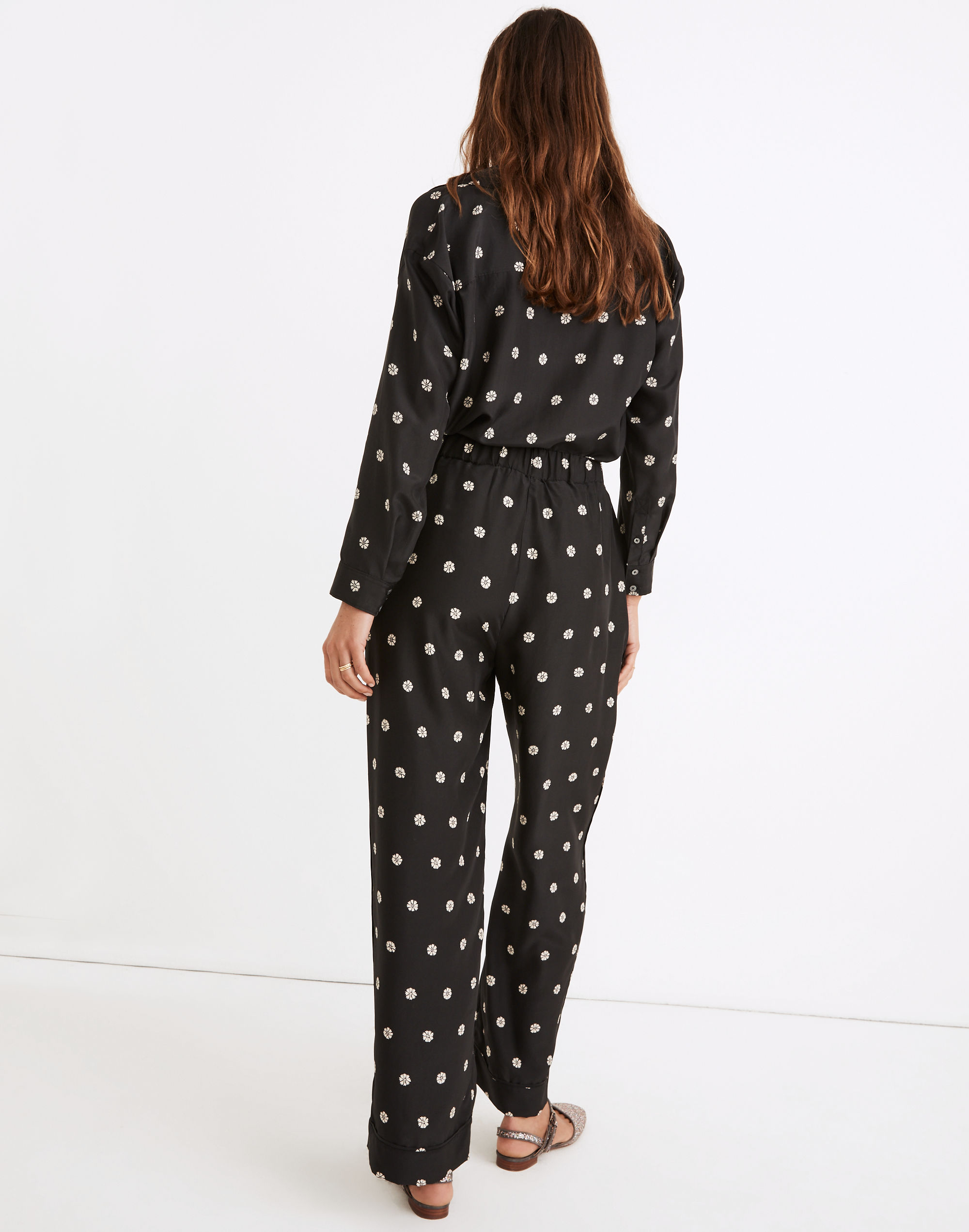Silk Pull-On High-Rise Straight Pants in Bloom Dot