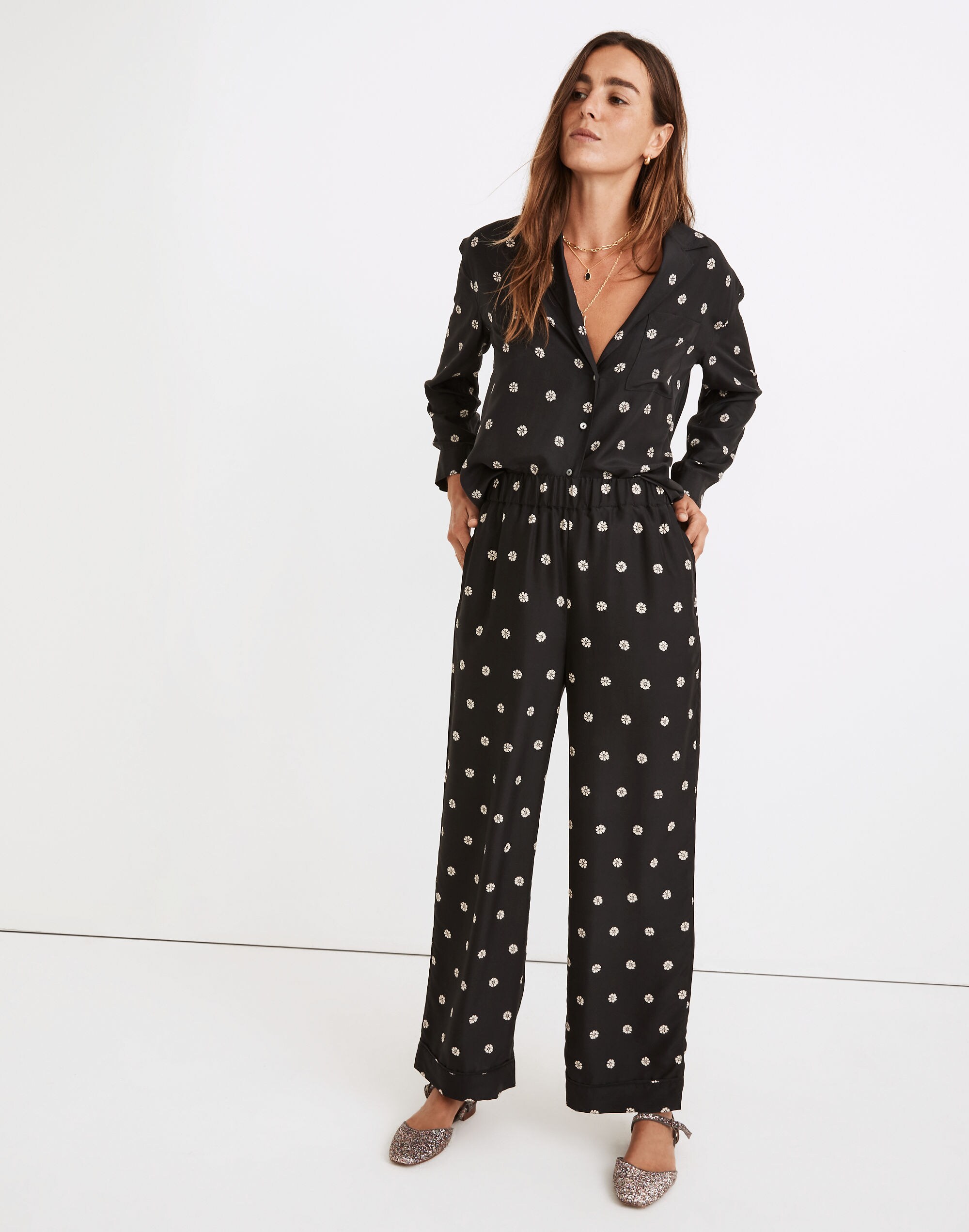 Silk Pull-On High-Rise Straight Pants in Bloom Dot