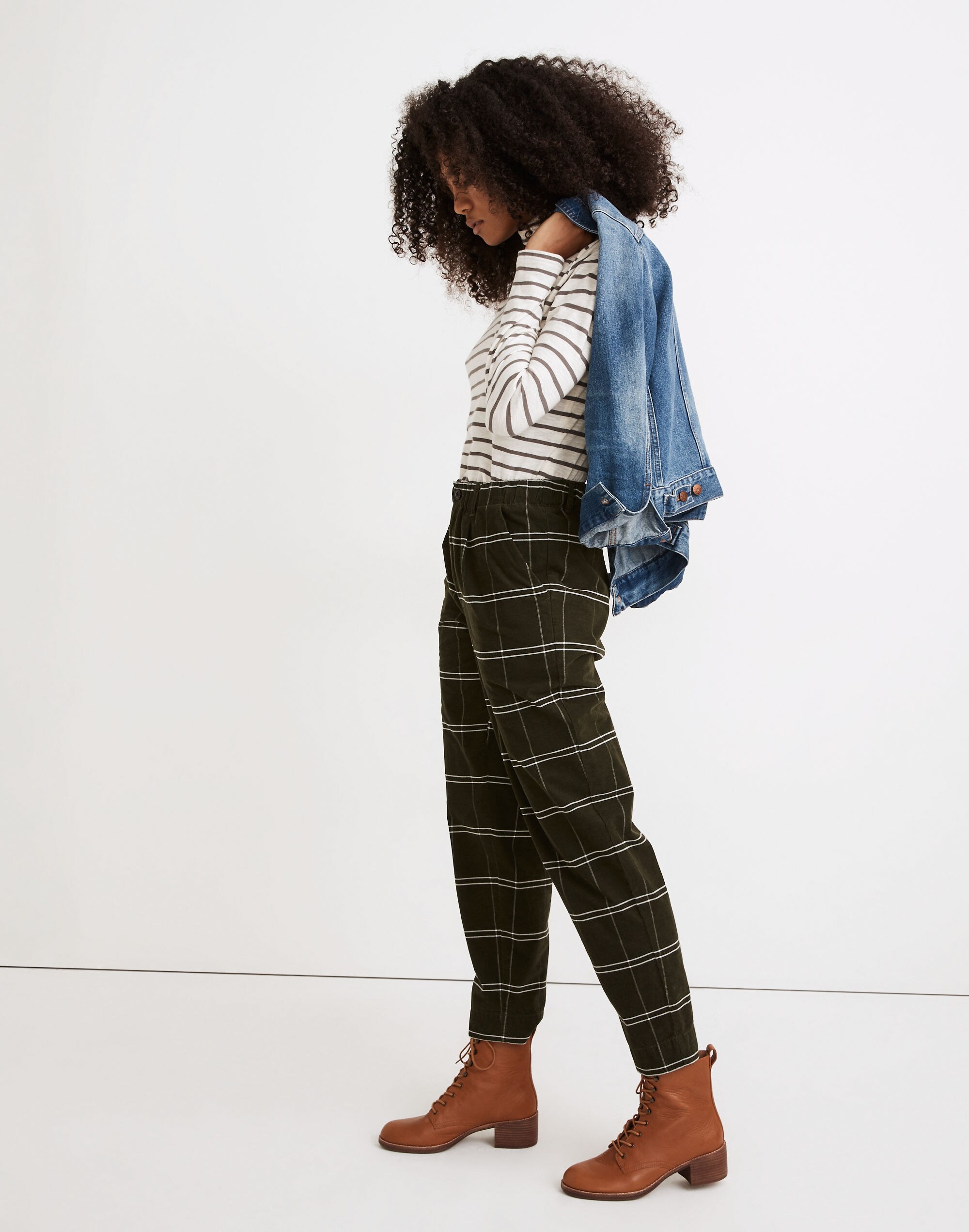 Petite Corduroy Pull-On Mid-Rise Jogger Pants in Windowpane