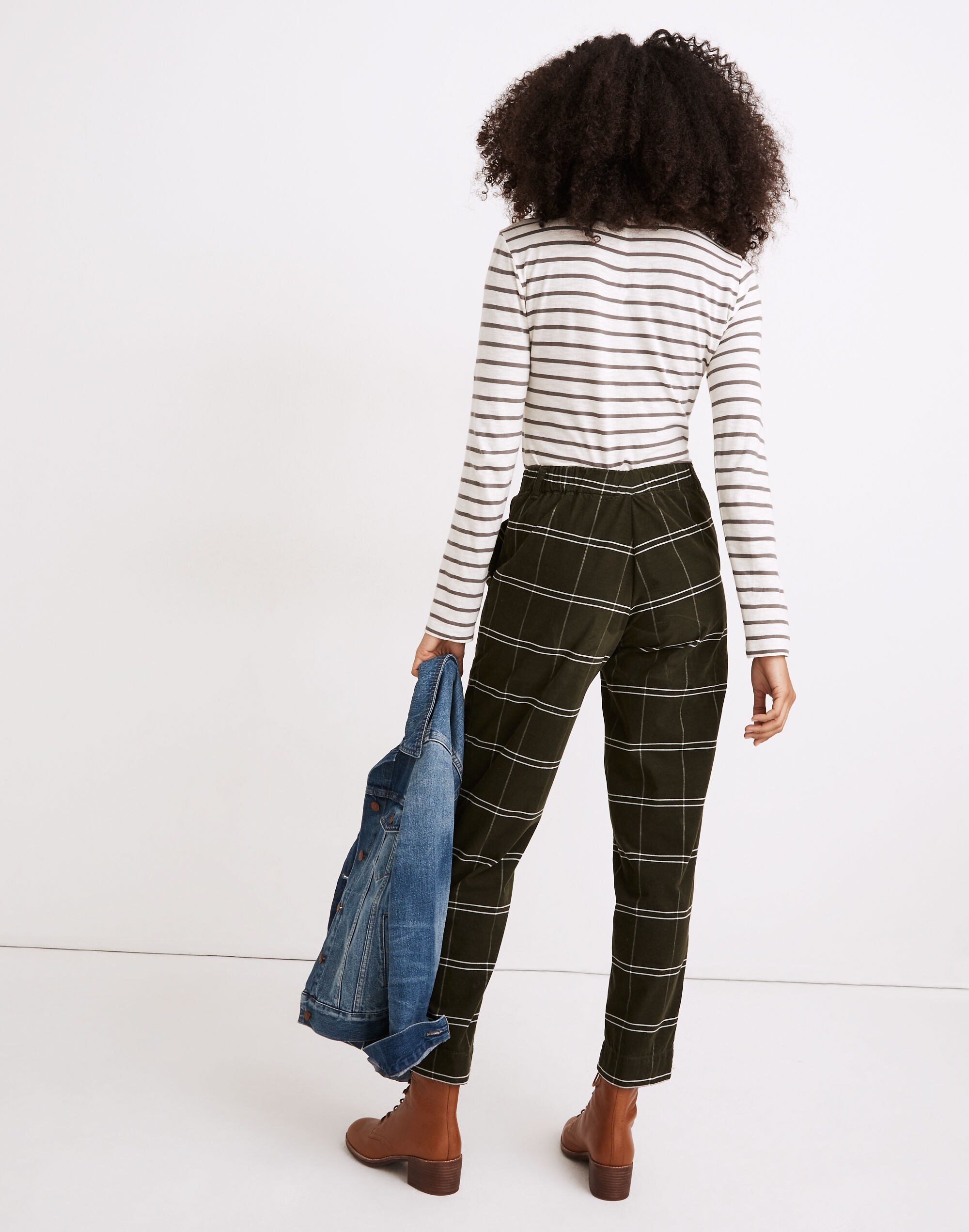 Petite Corduroy Pull-On Mid-Rise Jogger Pants in Windowpane
