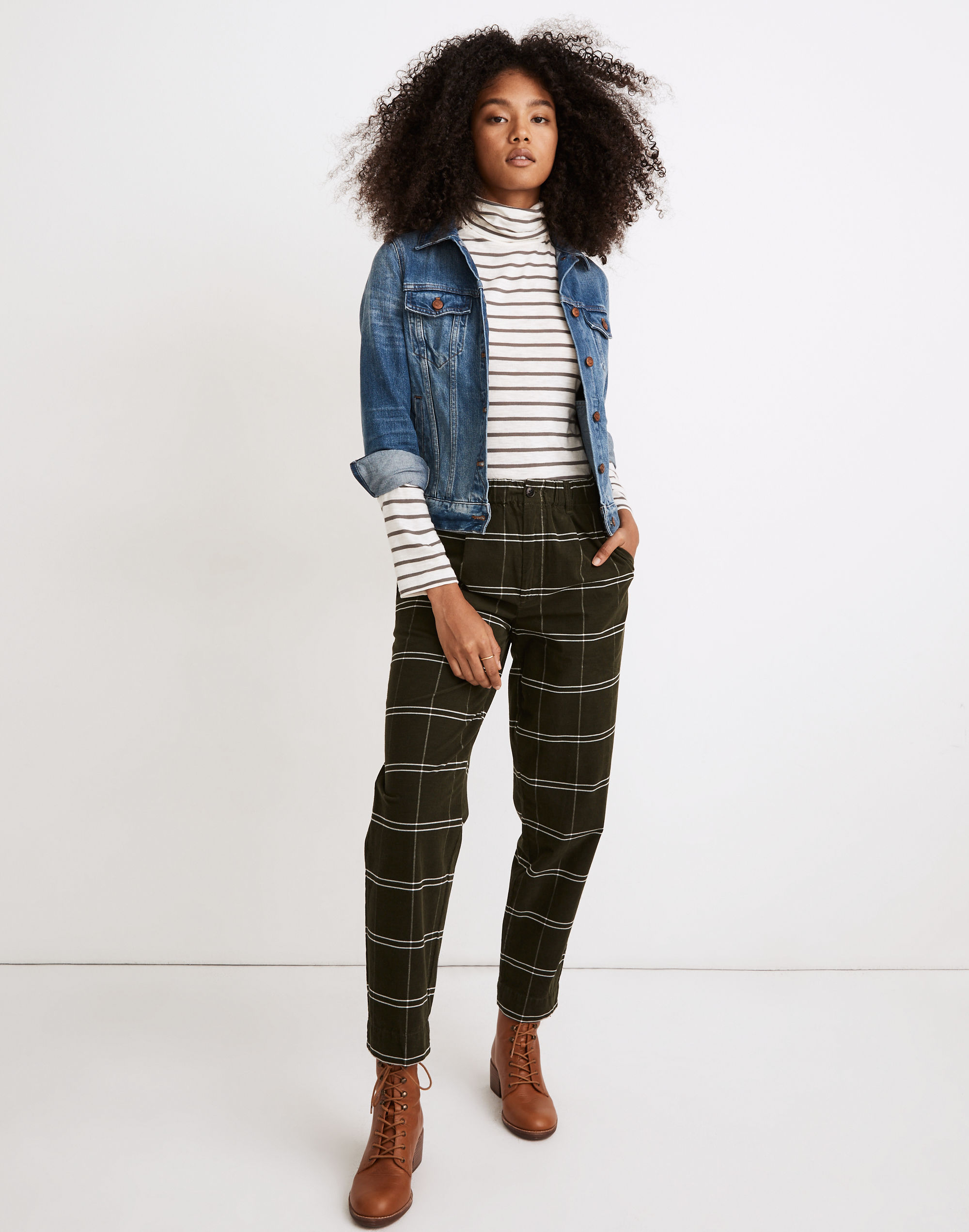 Petite Corduroy Pull-On Mid-Rise Jogger Pants in Windowpane