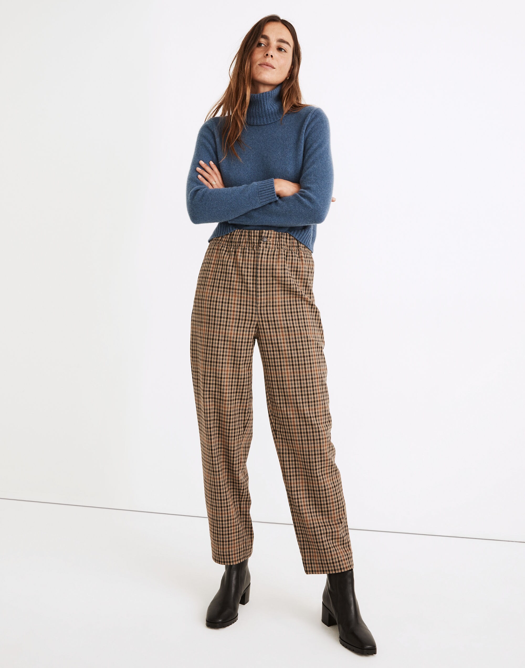pull-on high-rise tapered pants in coster plaid