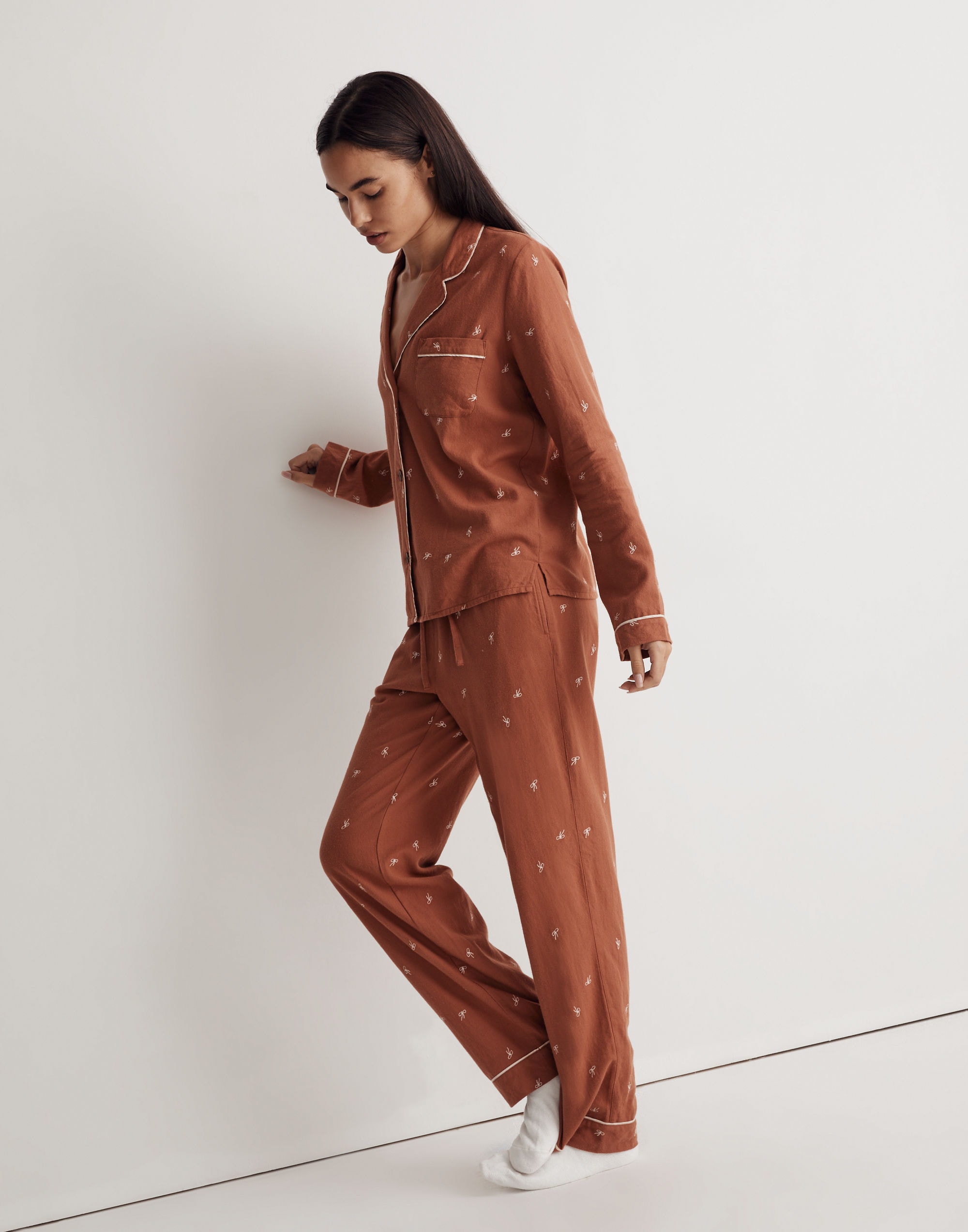 Bow Embroidered Flannel Bedtime Pajama Set