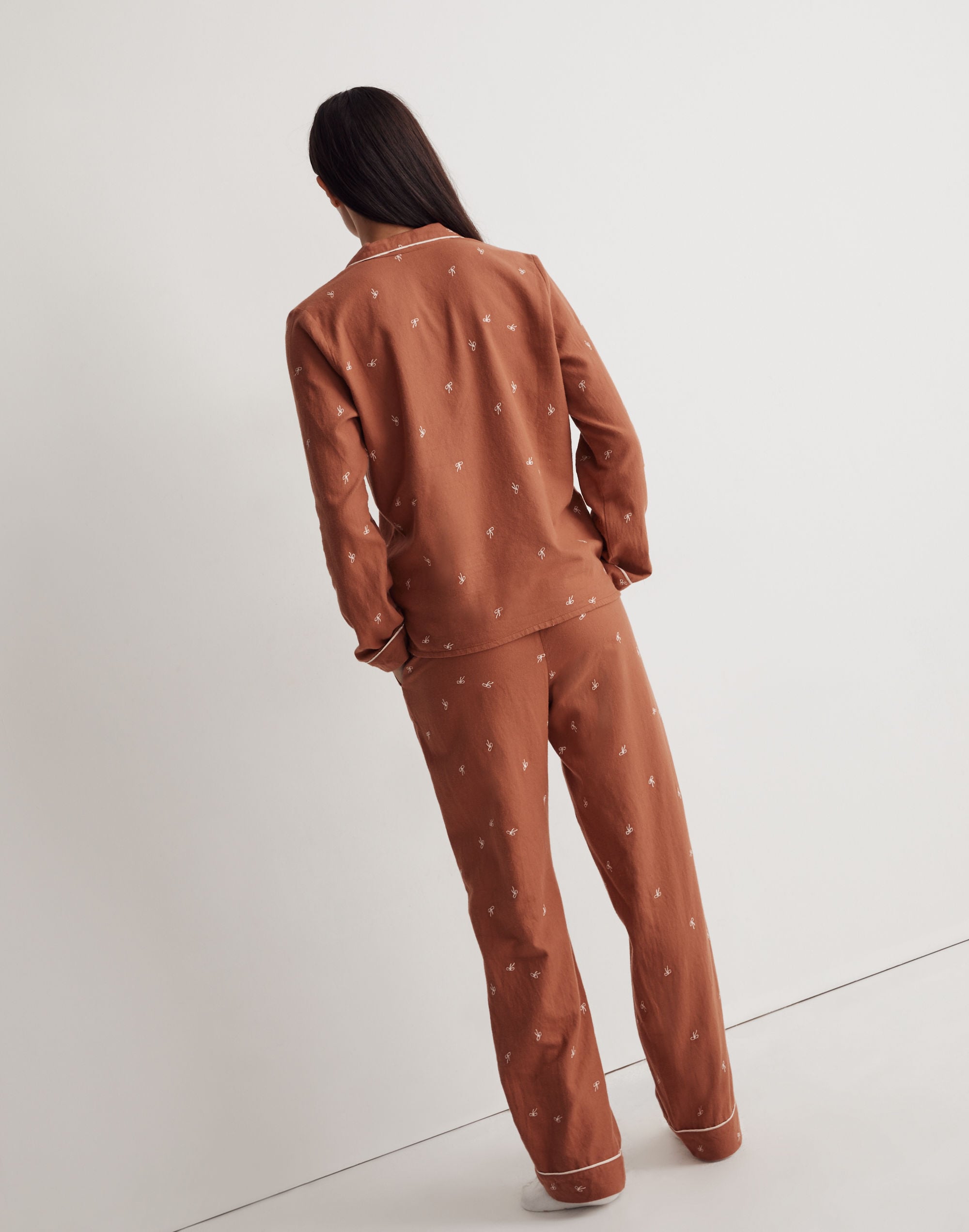 Bow Embroidered Flannel Bedtime Pajama Set