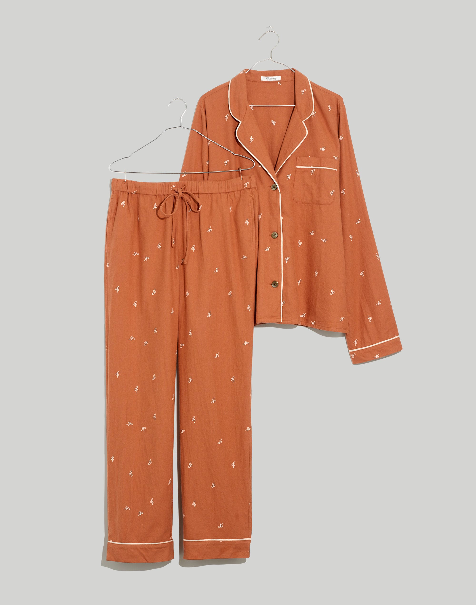 Bow Embroidered Flannel Bedtime Pajama Set