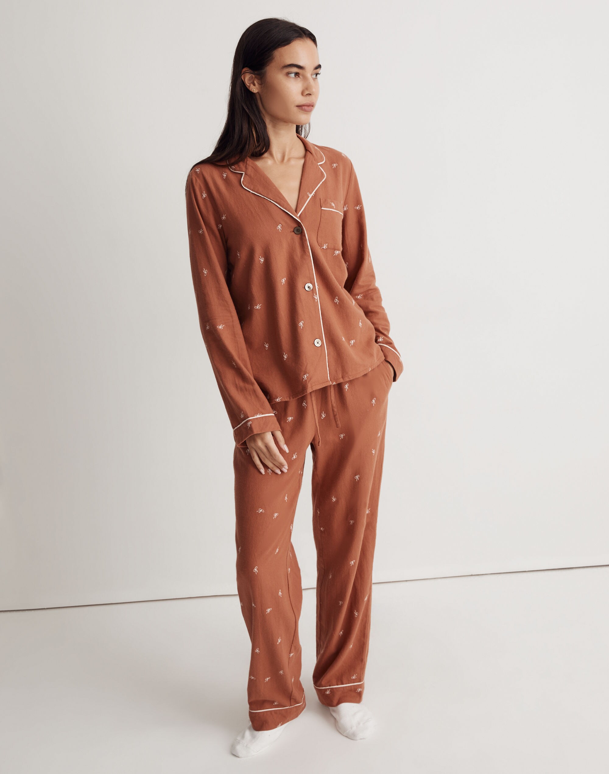 Bow Embroidered Flannel Bedtime Pajama Set