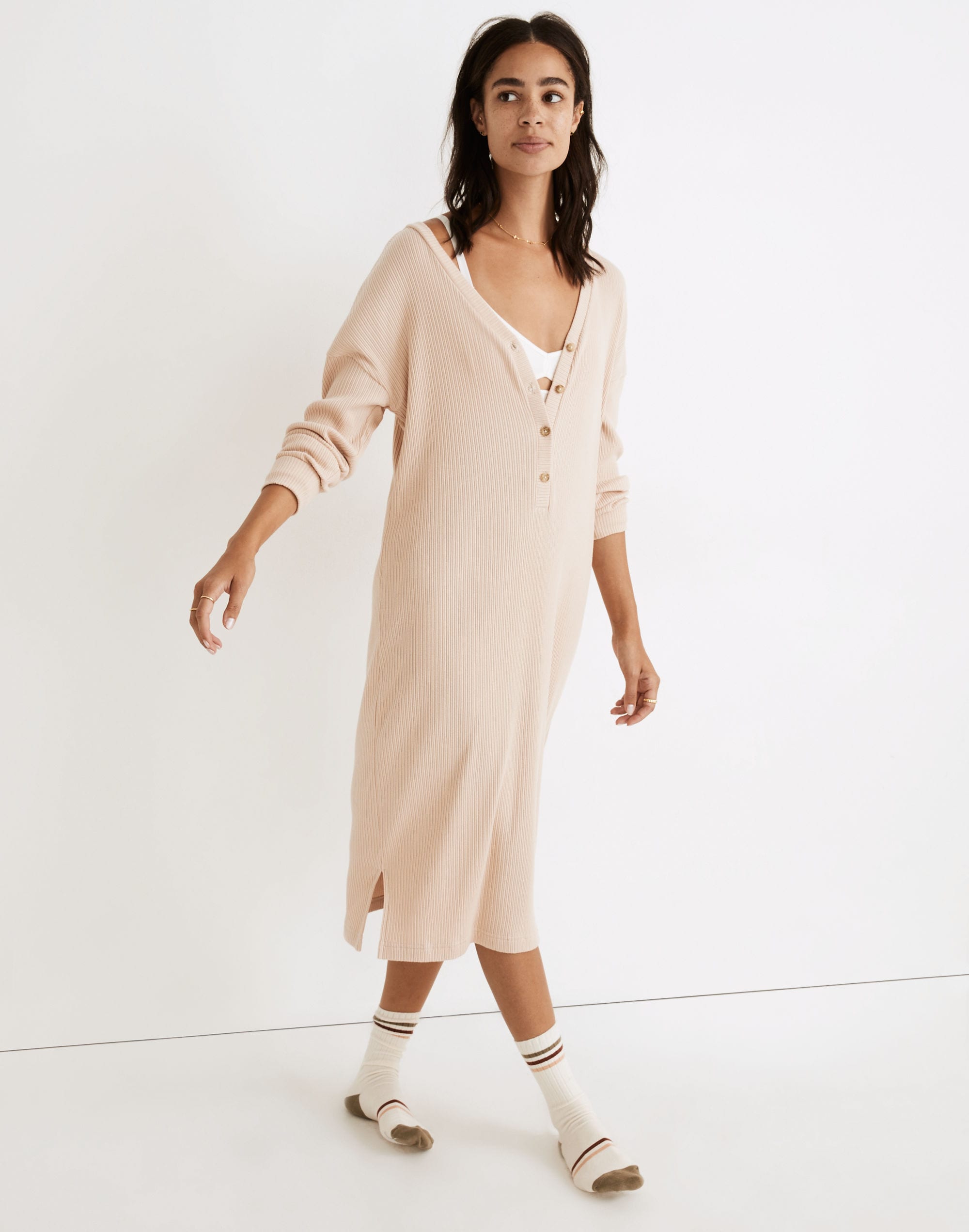 Ribbed Knit Henley Maxi Pajama Dress