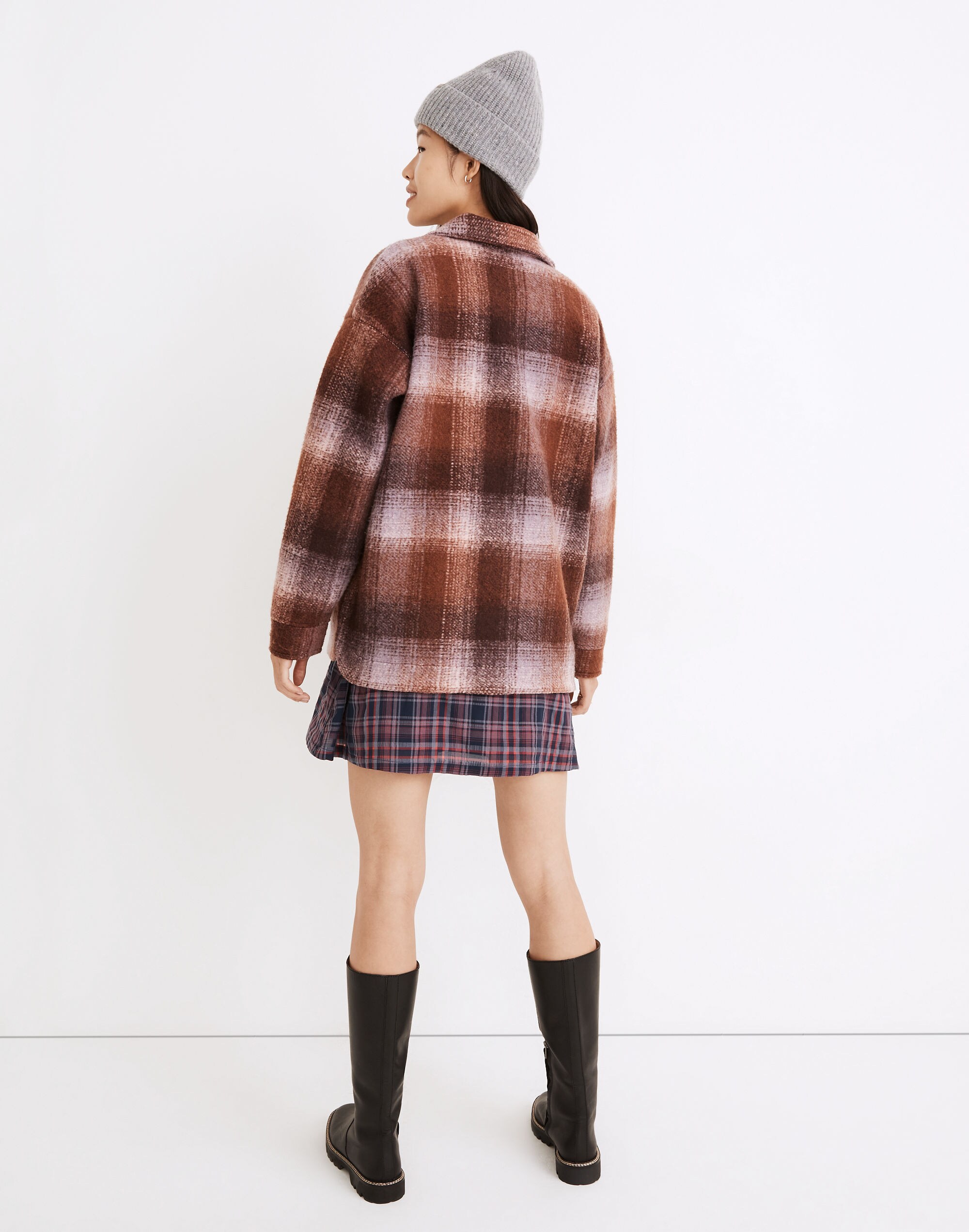 Brushed Plaid Knit Shirt Jacket