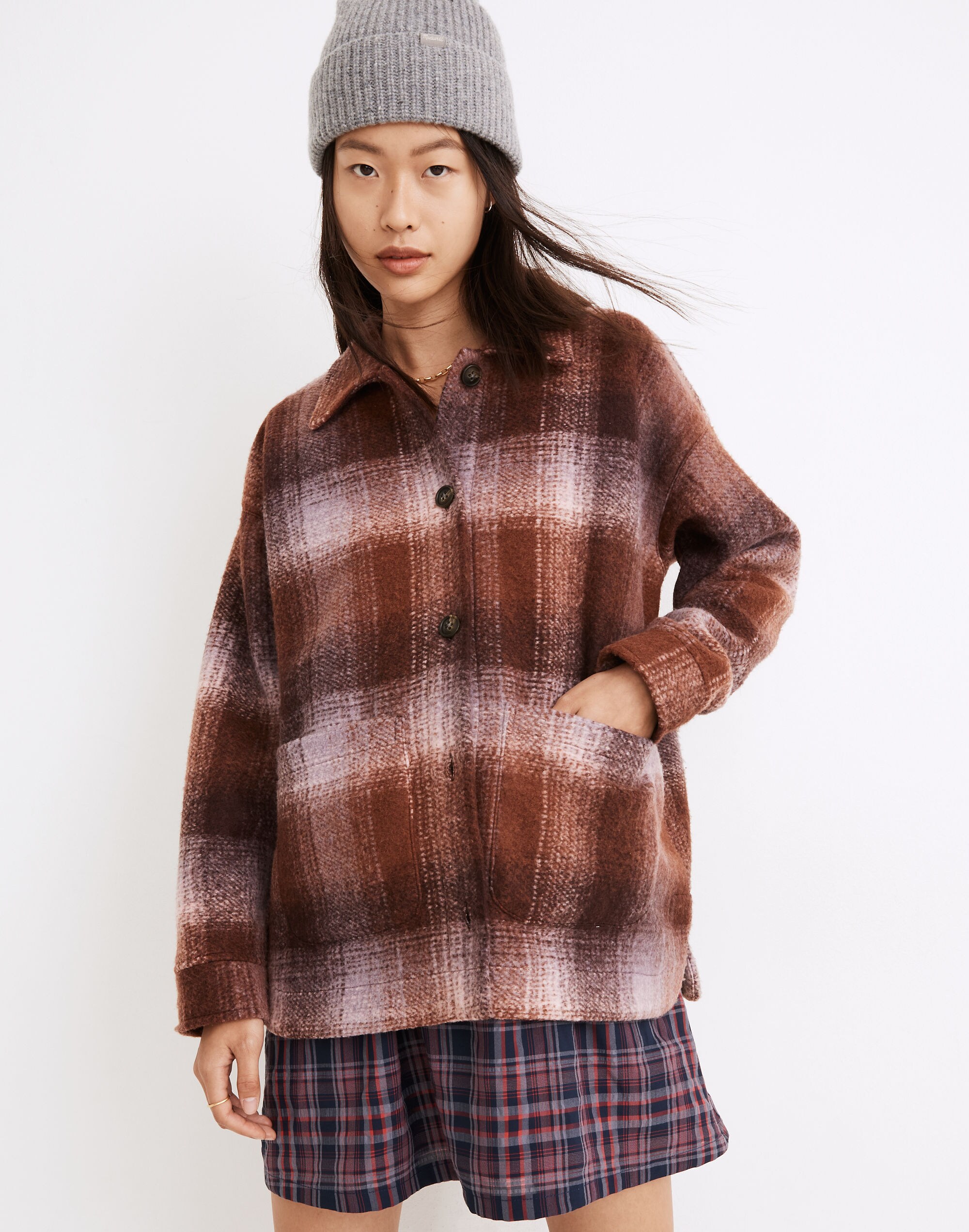 Brushed Plaid Knit Shirt Jacket