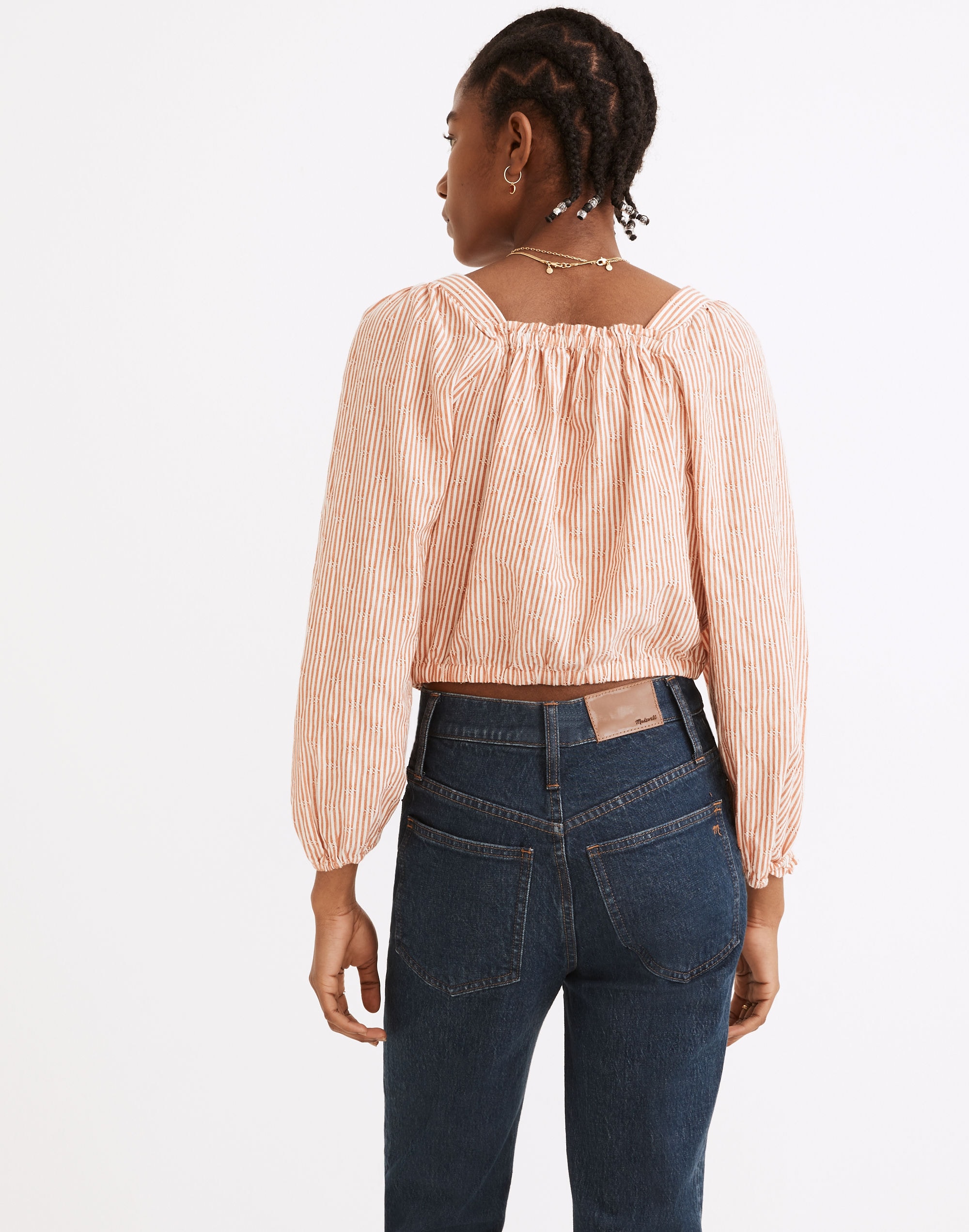 Puff-Sleeve Button-Front Crop Top in Embroidered Stripe