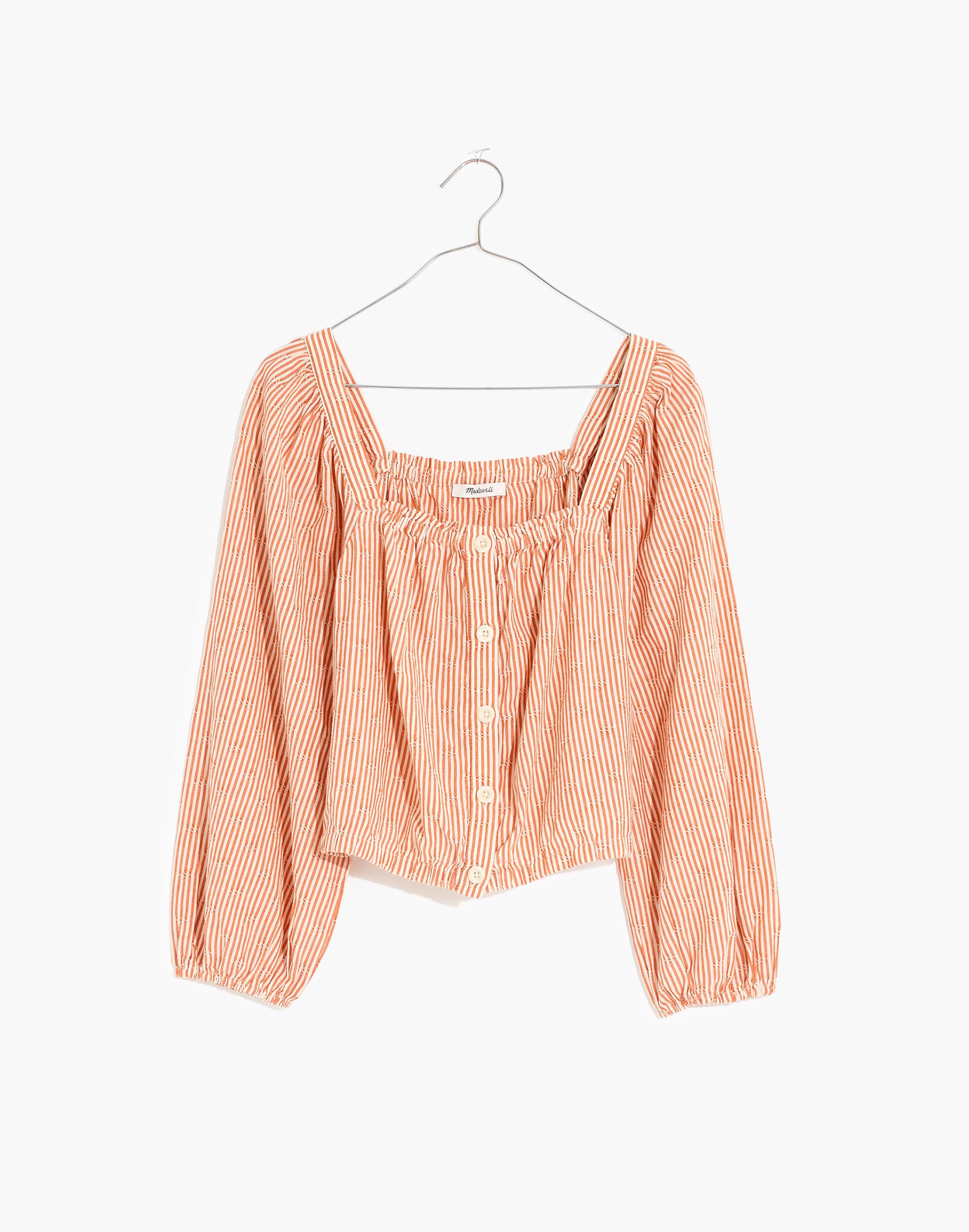 Puff-Sleeve Button-Front Crop Top in Embroidered Stripe