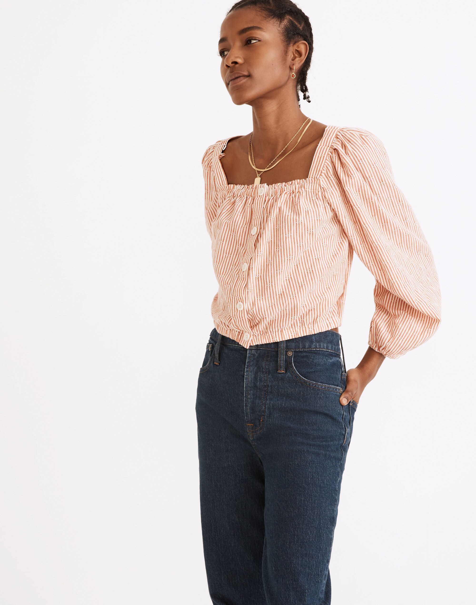 Puff-Sleeve Button-Front Crop Top in Embroidered Stripe