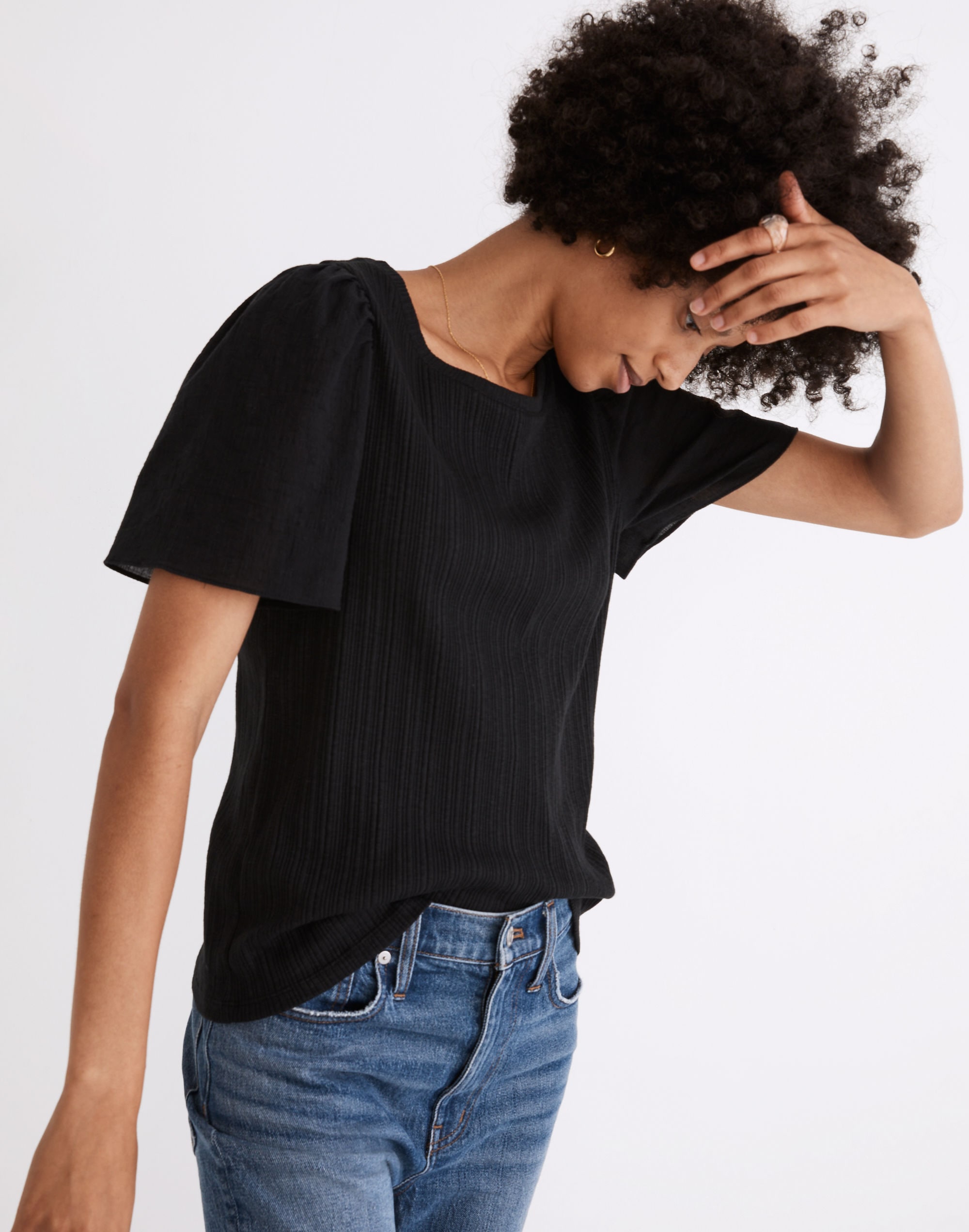 Flutter-Sleeve Weavemix Ribbed Top