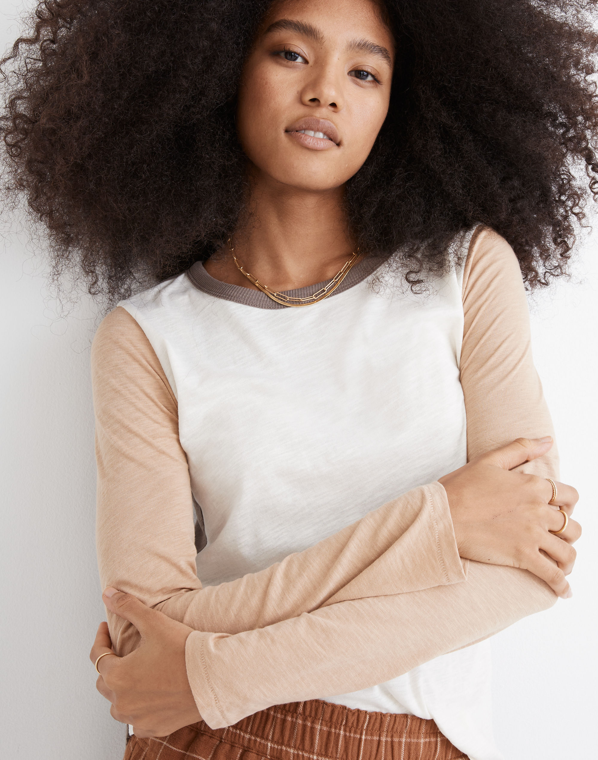 whisper cotton rib-crewneck long-sleeve tee in colorblock
