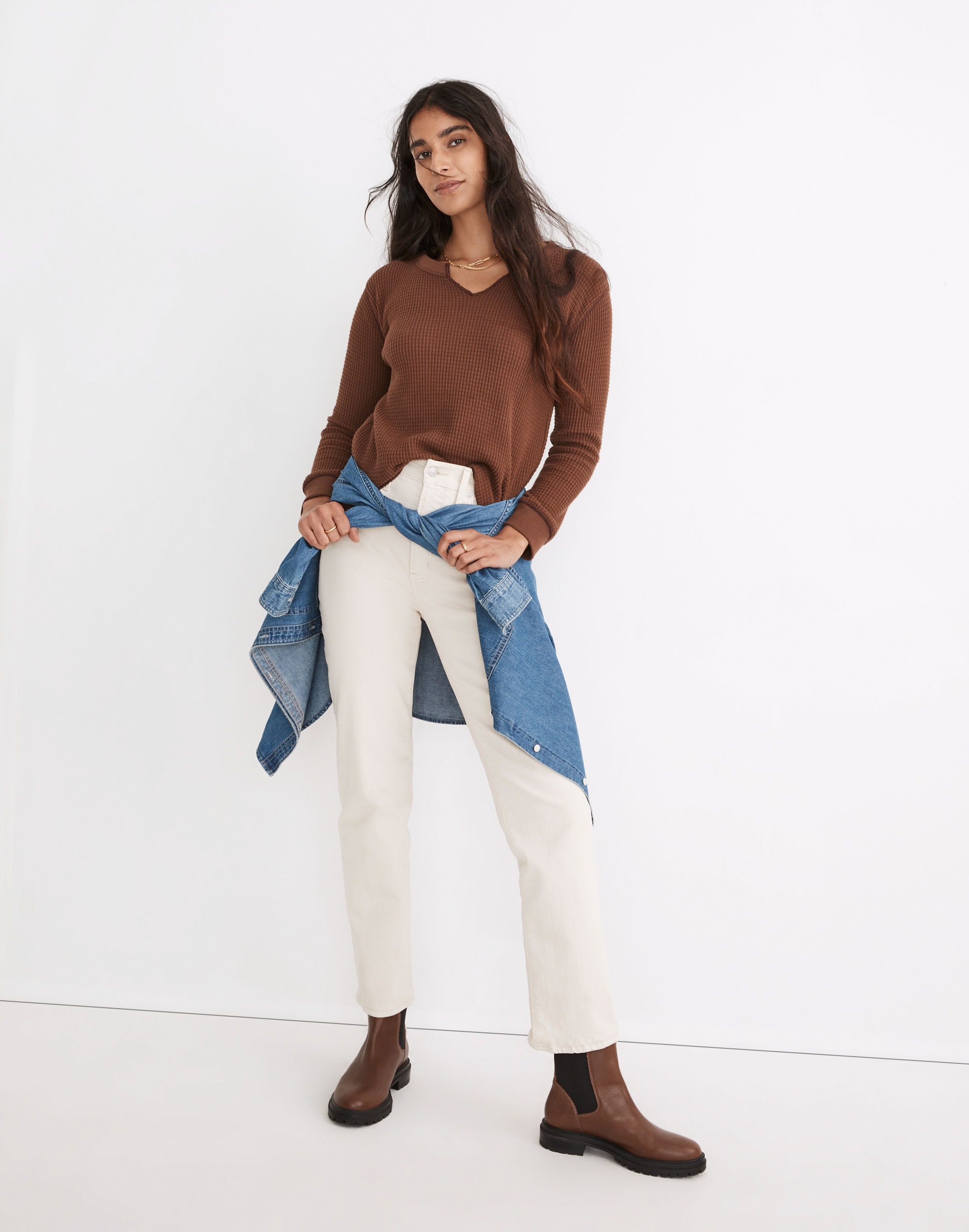 Waffle Split-Neck Crop Tee