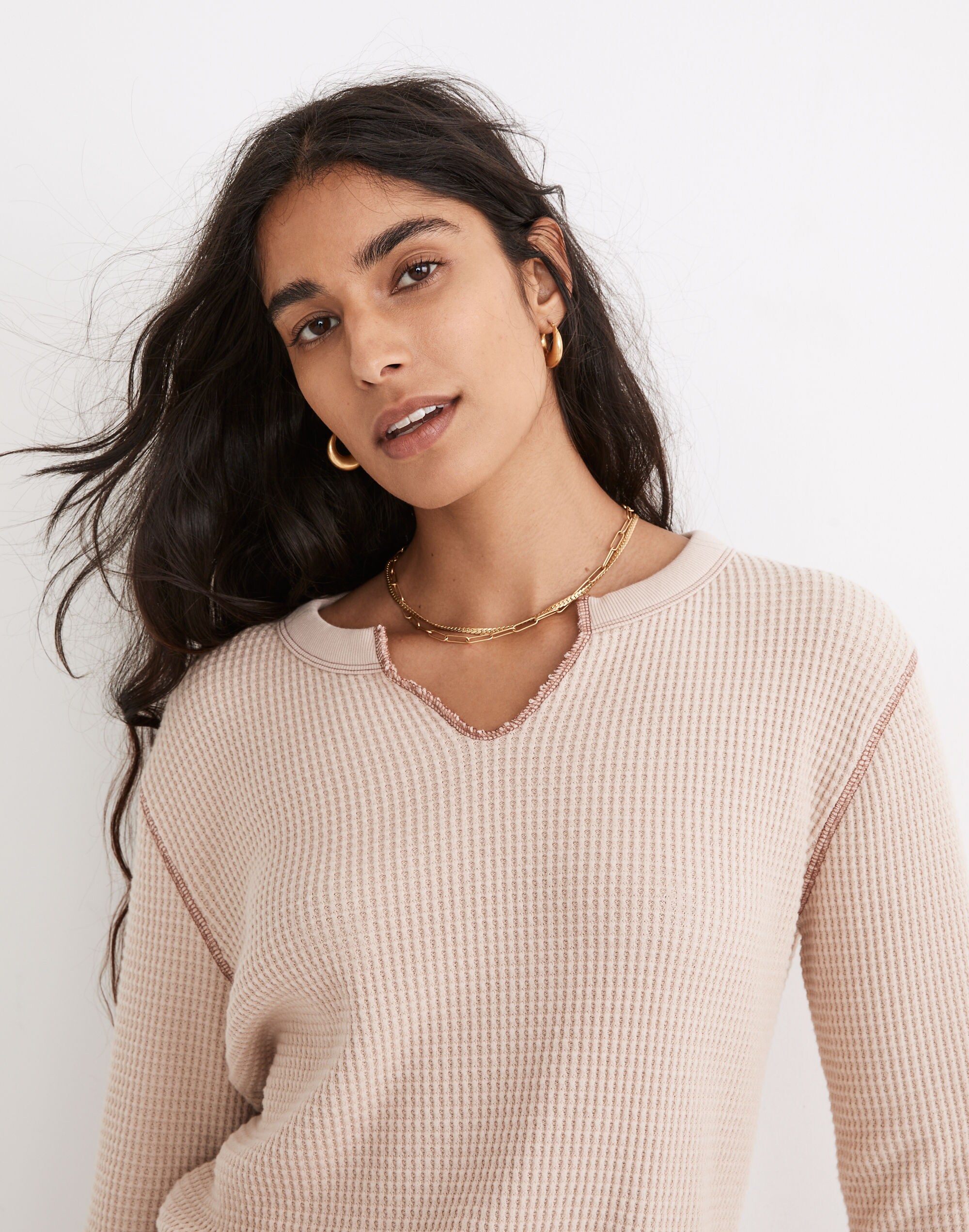 Waffle Split-Neck Crop Tee