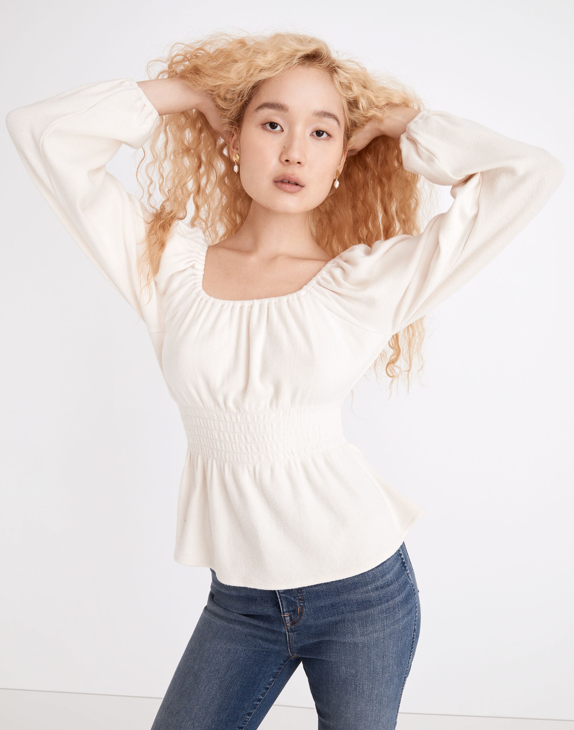 Plush Square-Neck Smocked Top