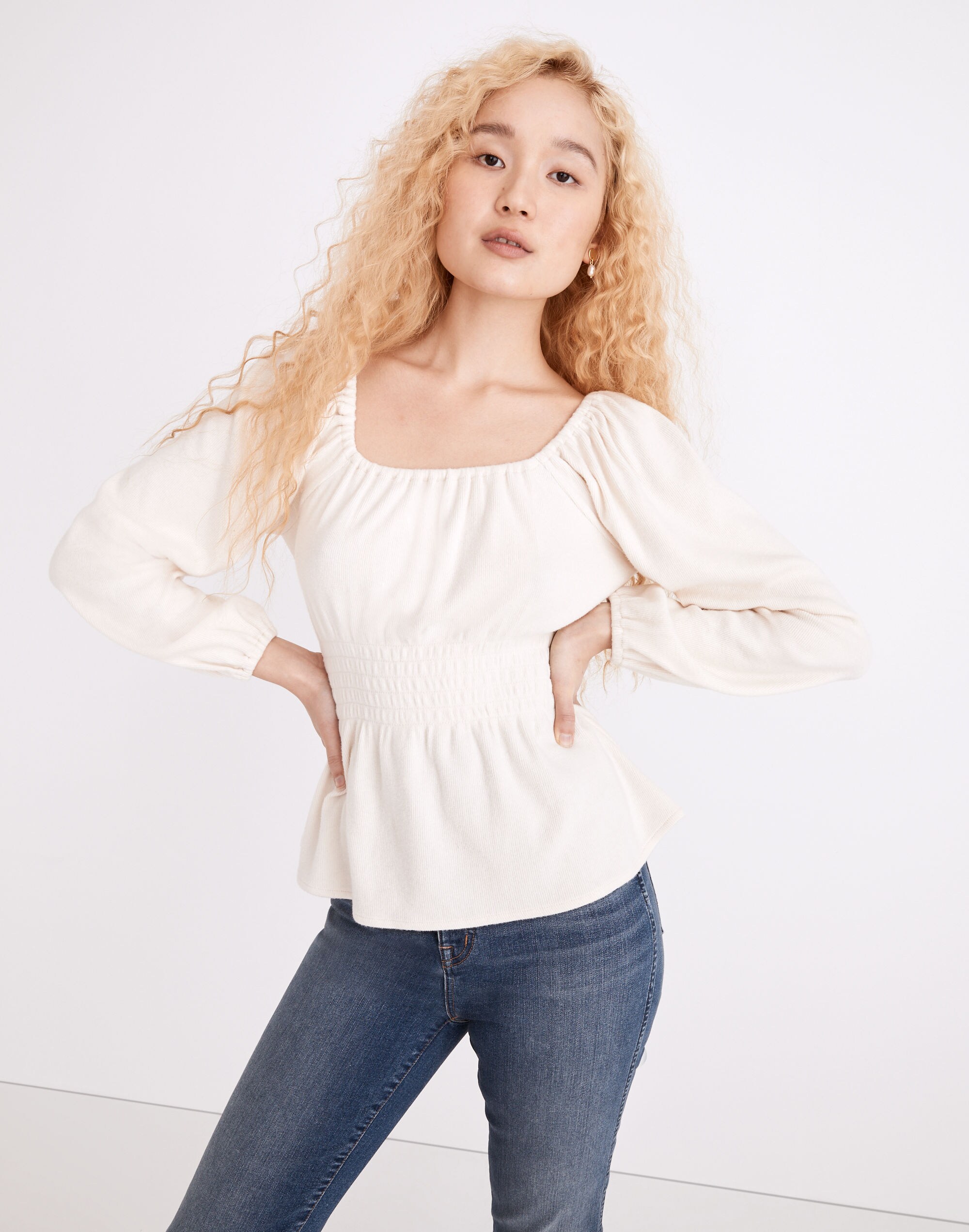 Plush Square-Neck Smocked Top