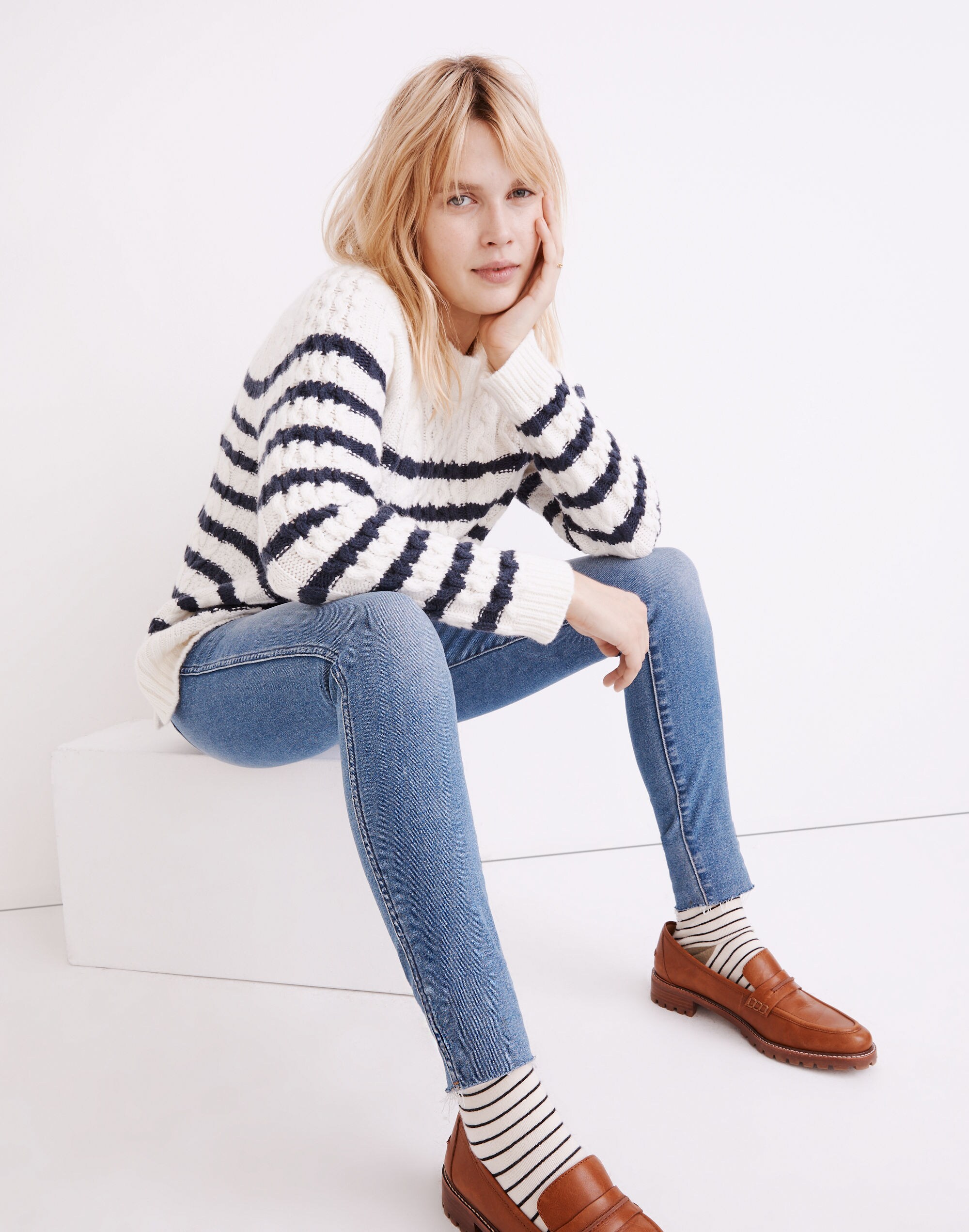Linelle Cableknit Pullover Sweater in Stripe