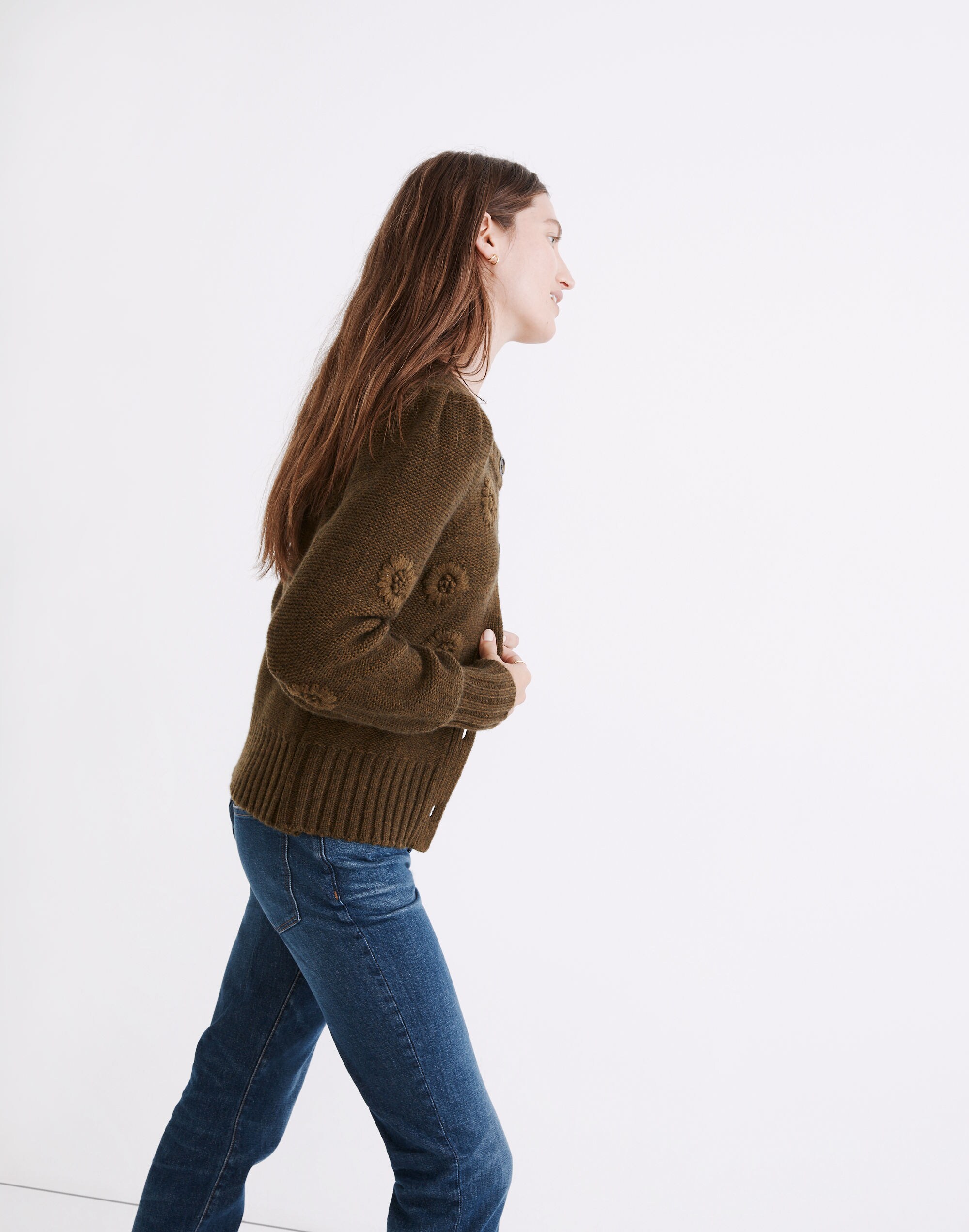 Embroidered Edencroft Pleat-Sleeve Cardigan Sweater