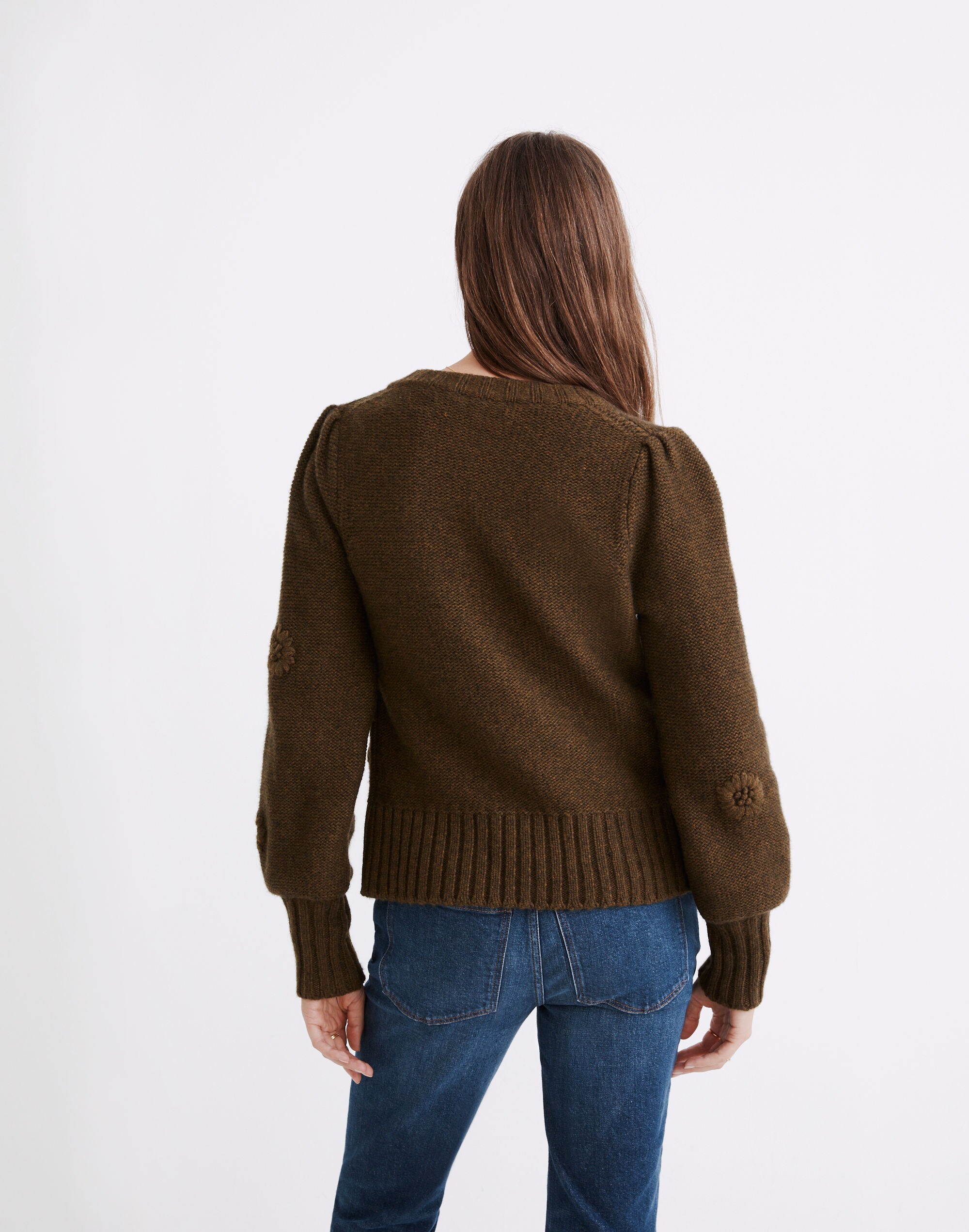 Embroidered Edencroft Pleat-Sleeve Cardigan Sweater