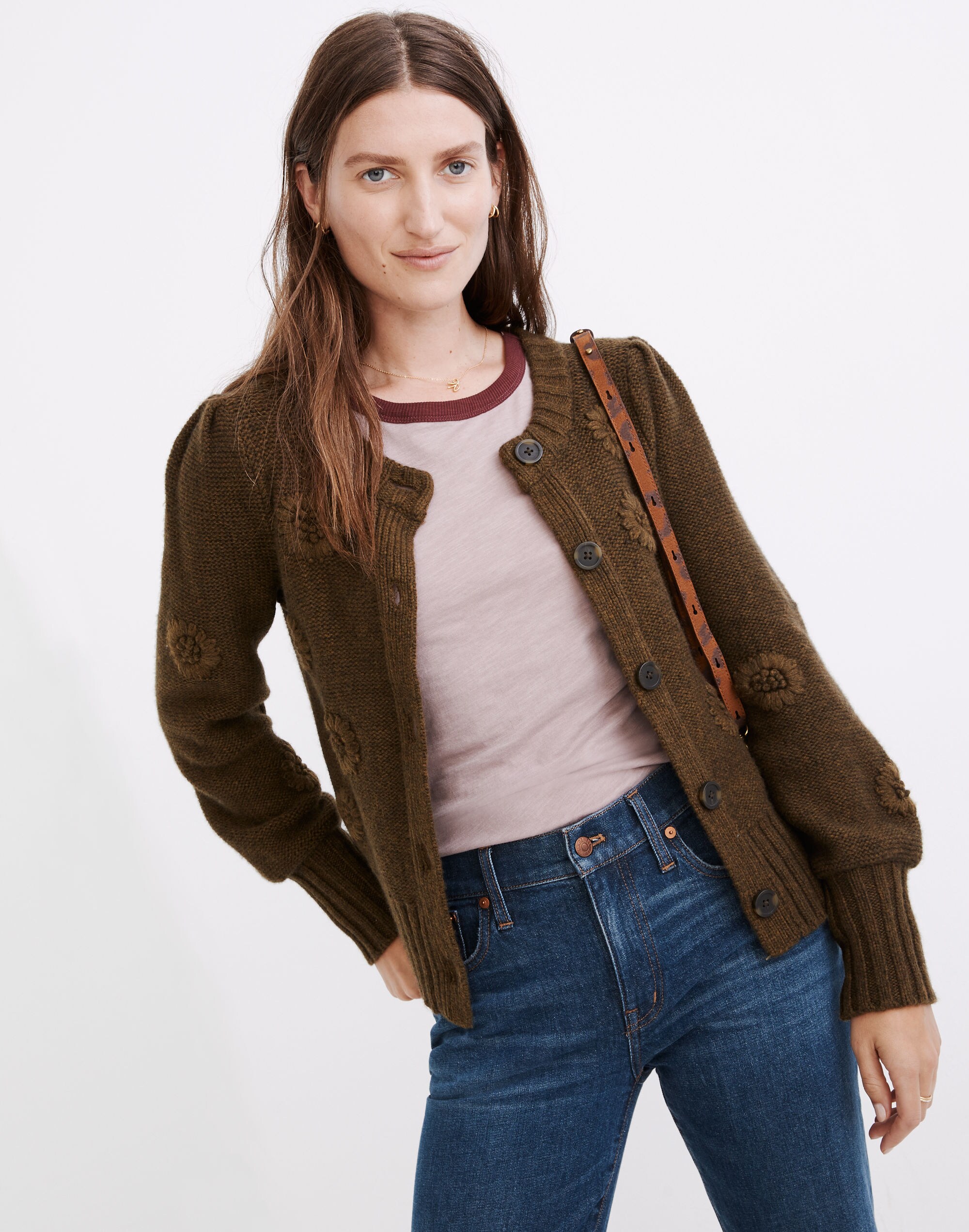 Embroidered Edencroft Pleat-Sleeve Cardigan Sweater