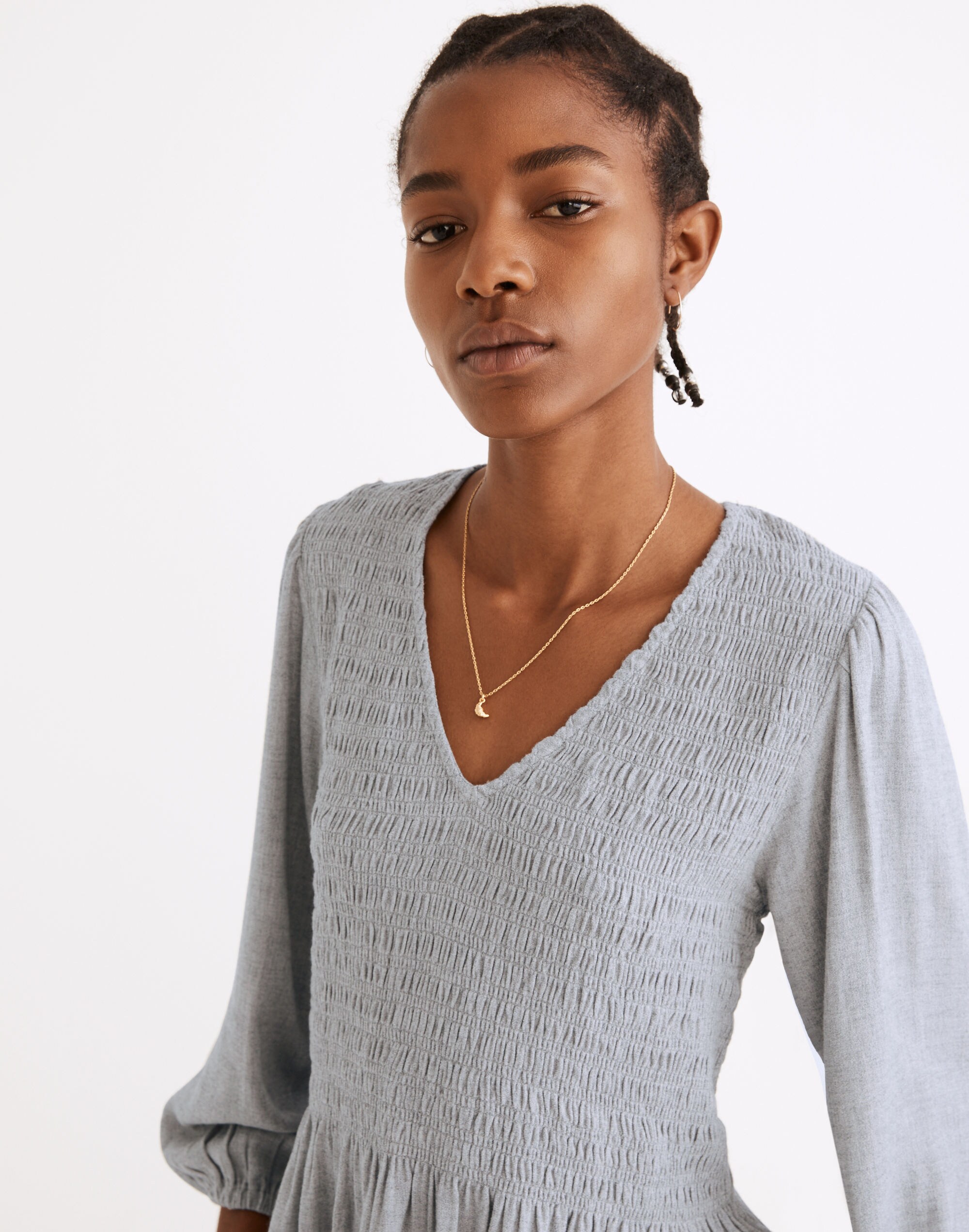 Lucie V-Neck Smocked Peplum Top in Wool Gauze