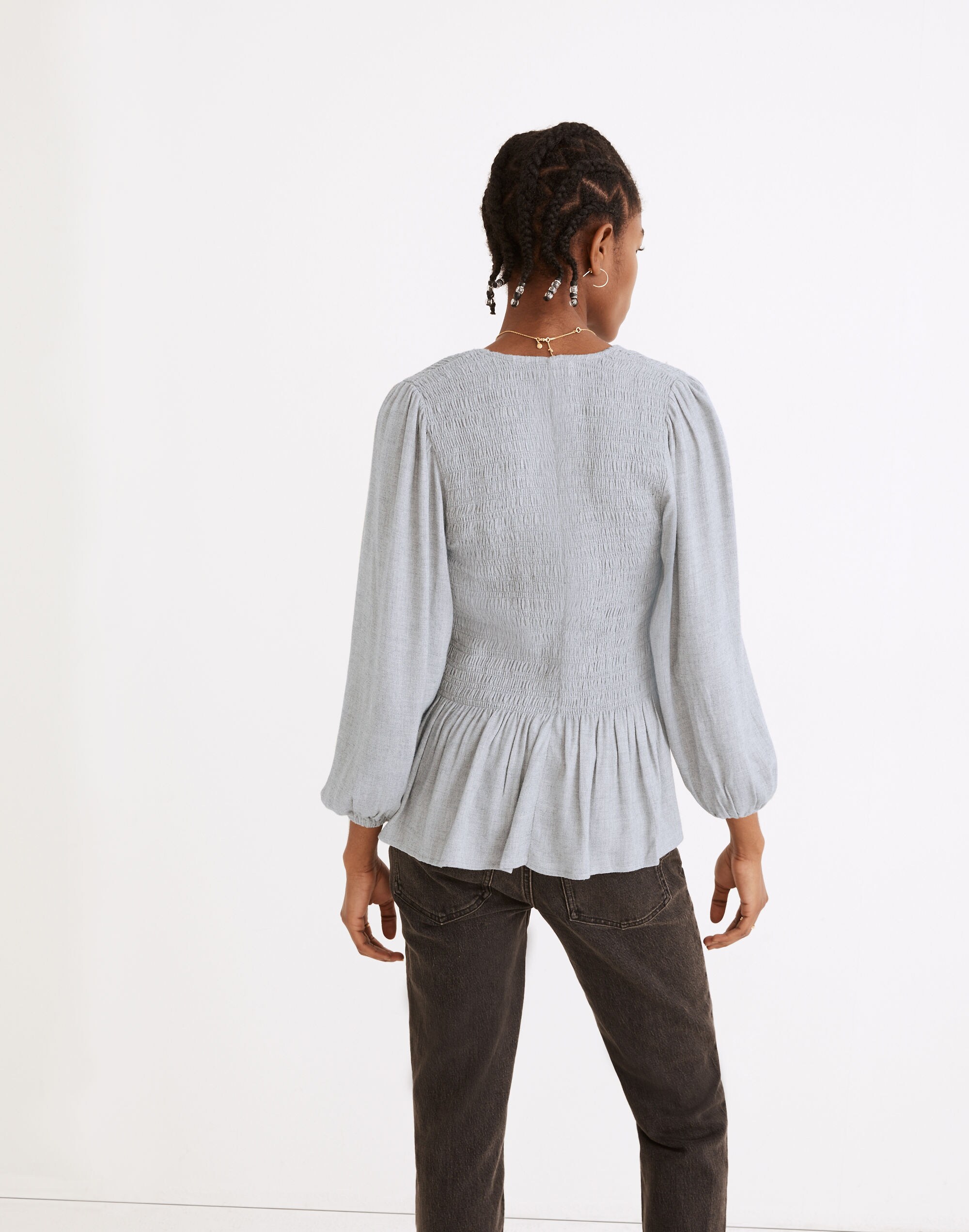 Lucie V-Neck Smocked Peplum Top in Wool Gauze