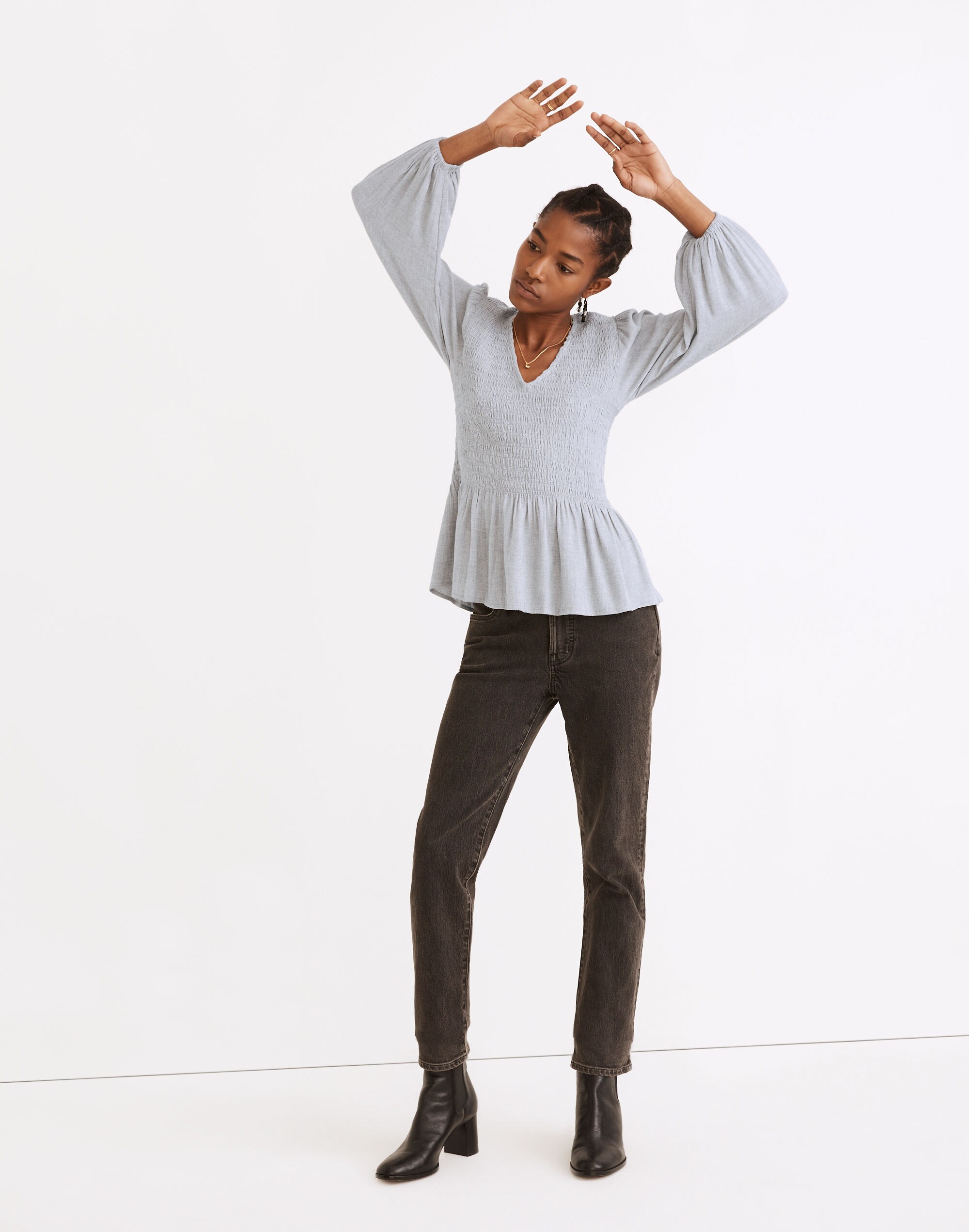 Lucie V-Neck Smocked Peplum Top in Wool Gauze