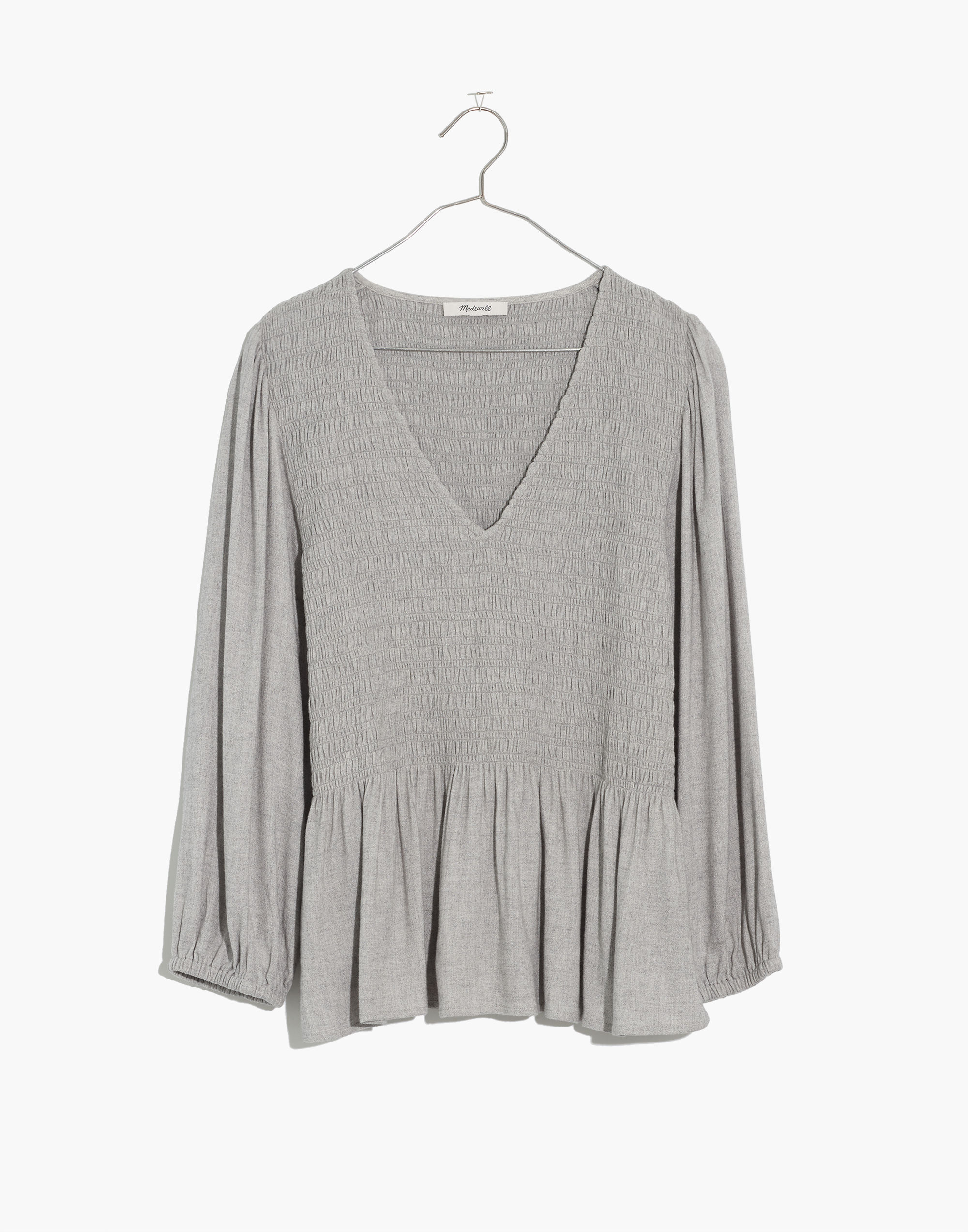 Lucie V-Neck Smocked Peplum Top in Wool Gauze