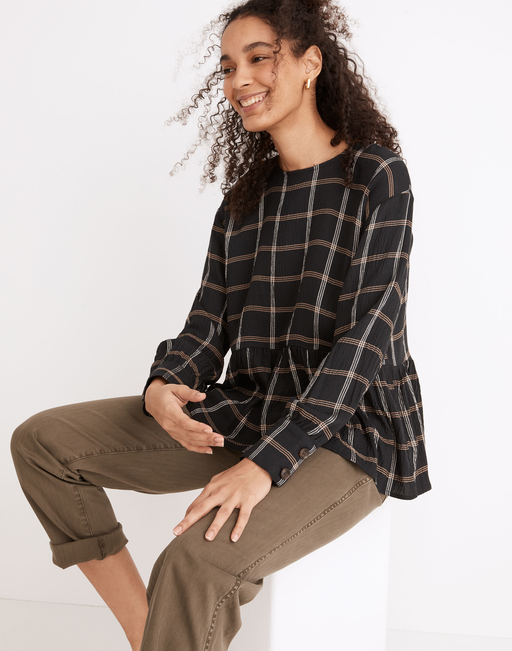 Button-Back Peplum Top in Plaid