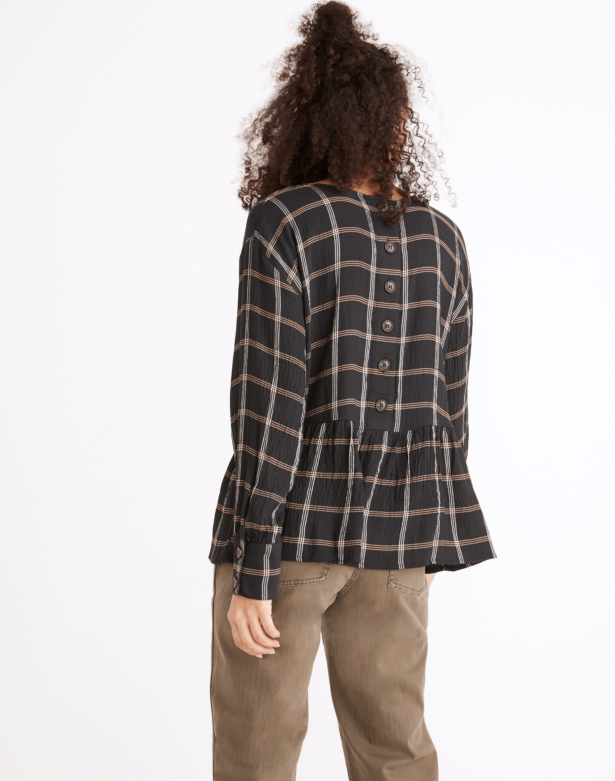 Button-Back Peplum Top in Plaid