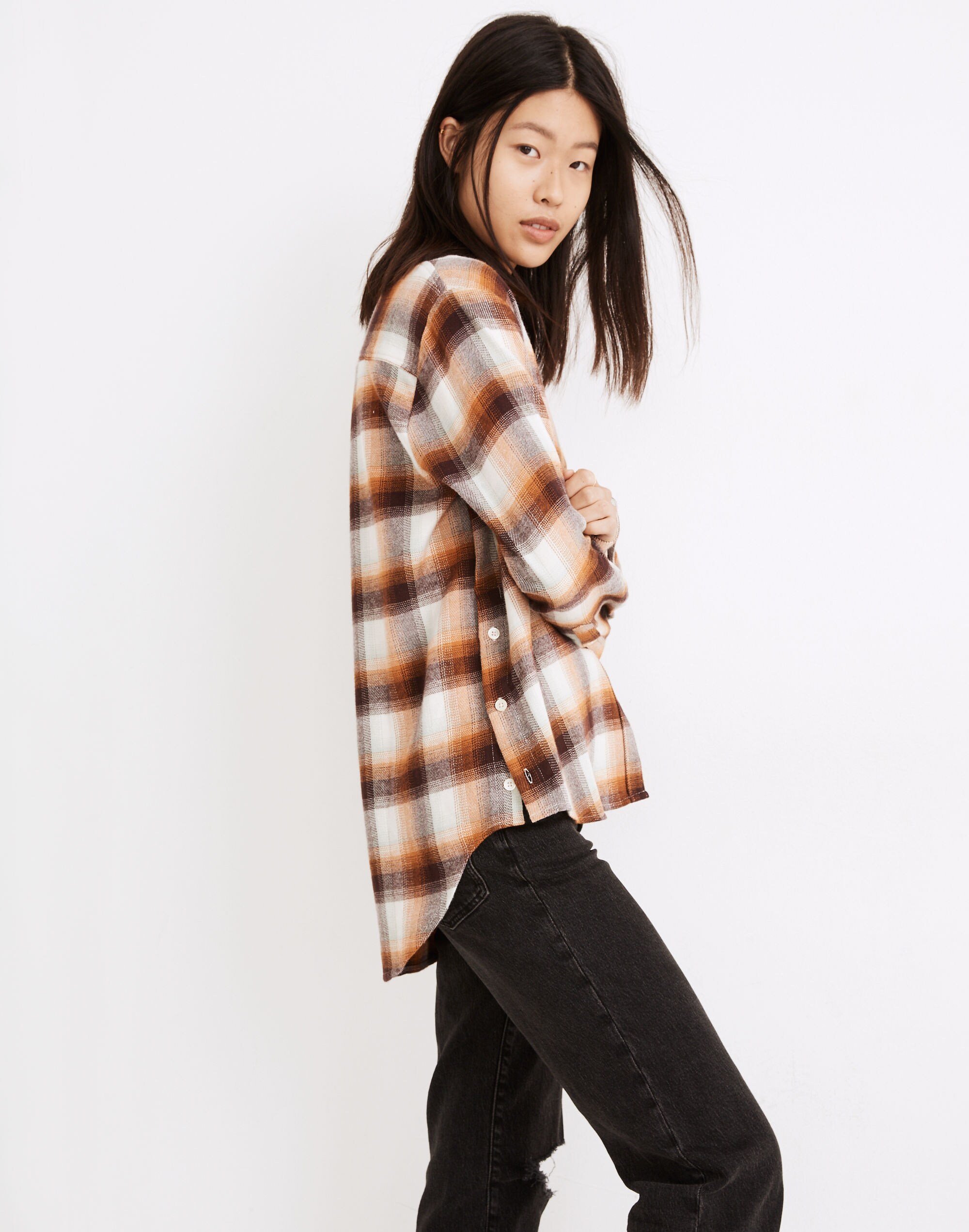 Flannel Side-Button Oversized Ex-Boyfriend Shirt in Bickett Plaid