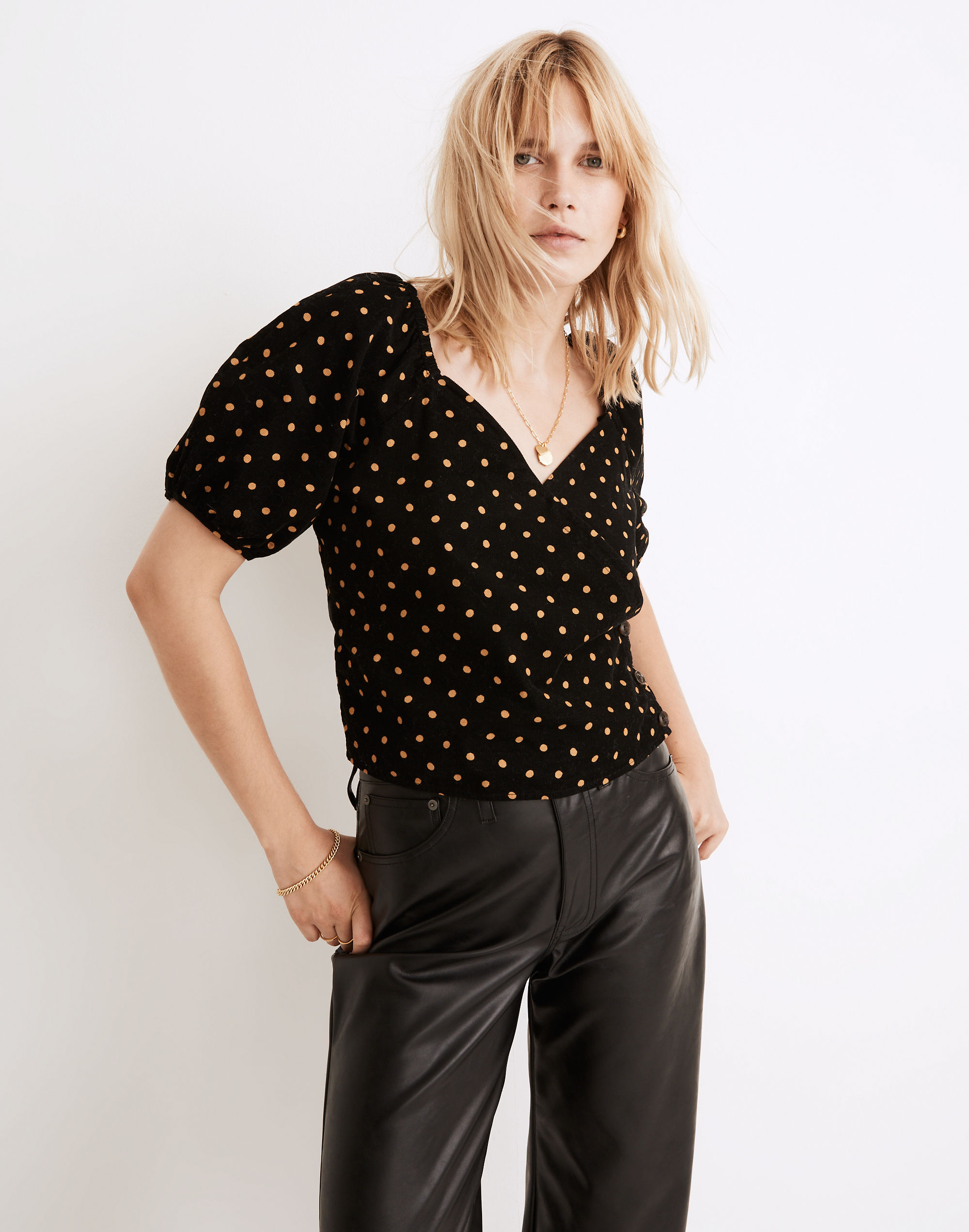 corduroy puff-sleeve wrap top in oval dot