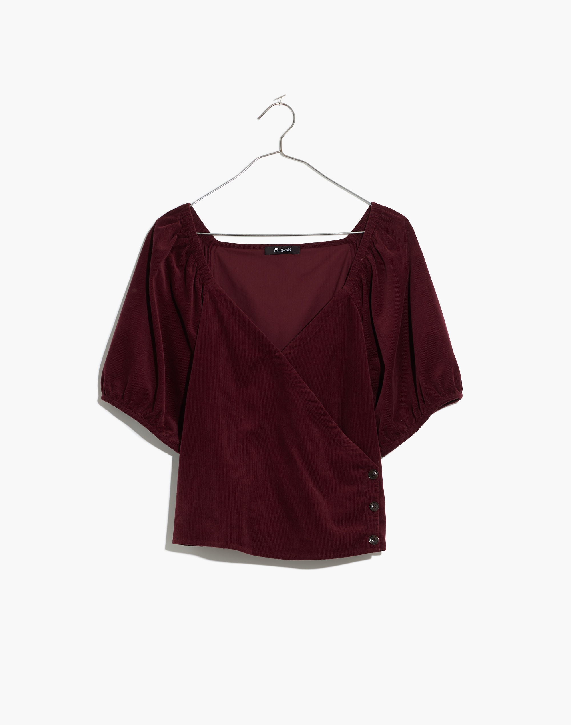 Corduroy Puff-Sleeve Wrap Top