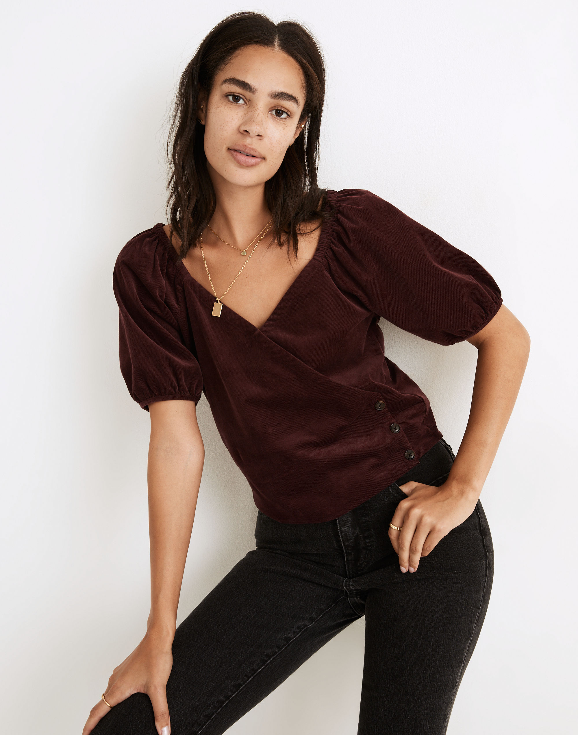 Corduroy Puff-Sleeve Wrap Top