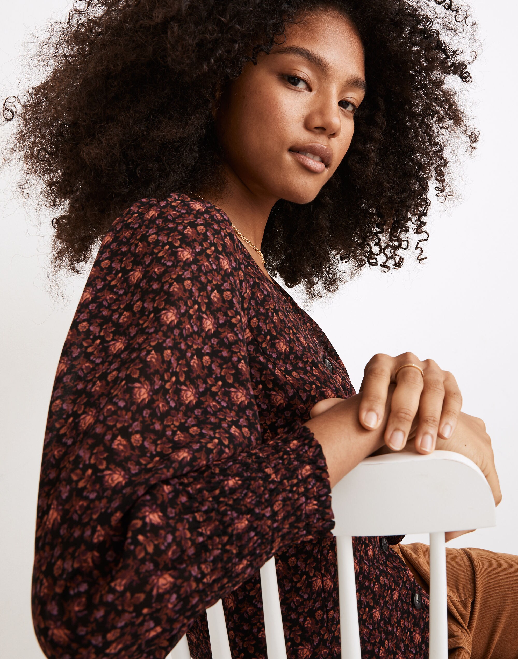 (Re)sourced Georgette Smocked-Cuff Button-Front Top in Orchard Floral